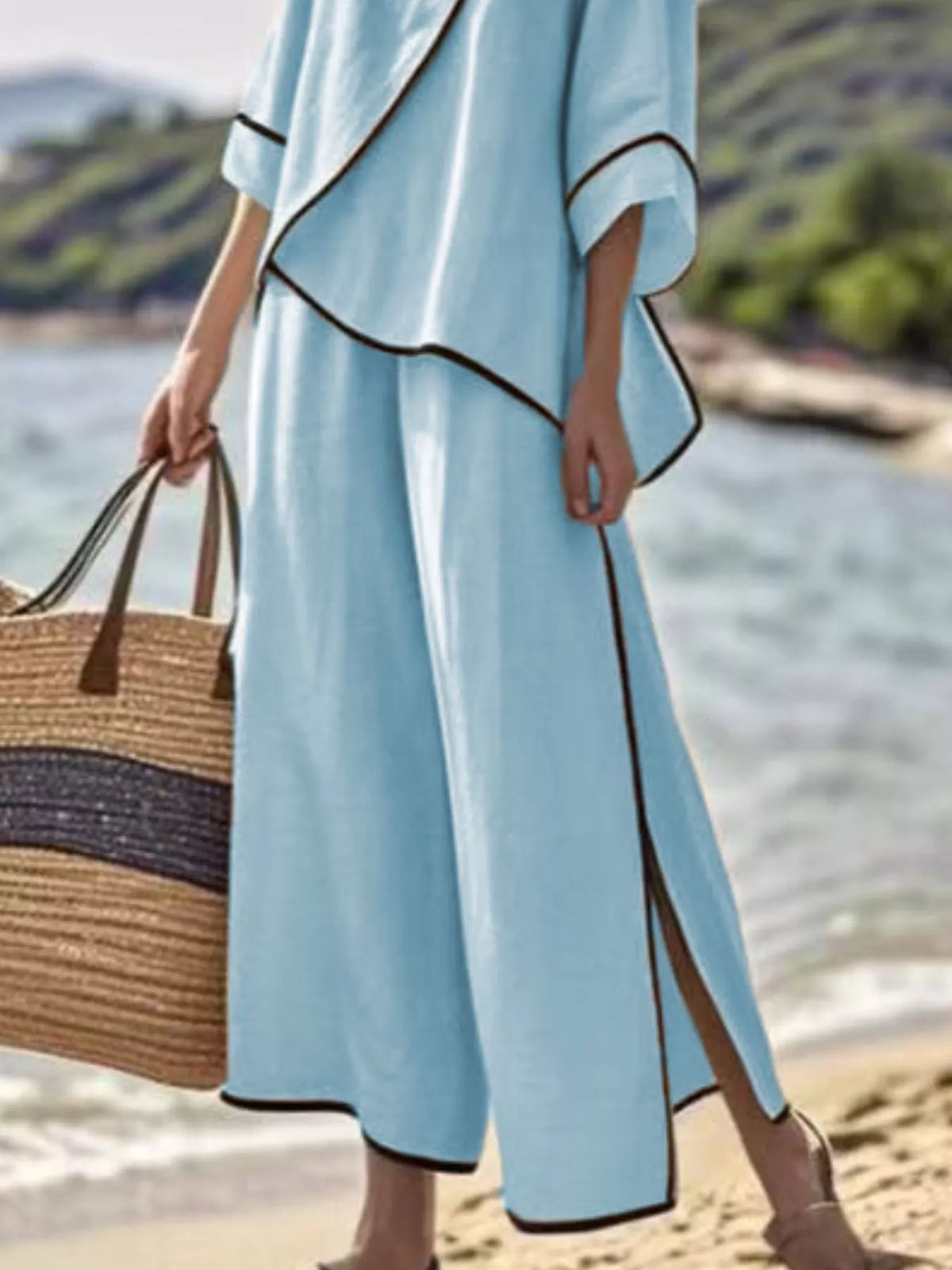 Full Size Contrast Trim Top and Wide Leg Pants Set Plus Size - Lilixa.store