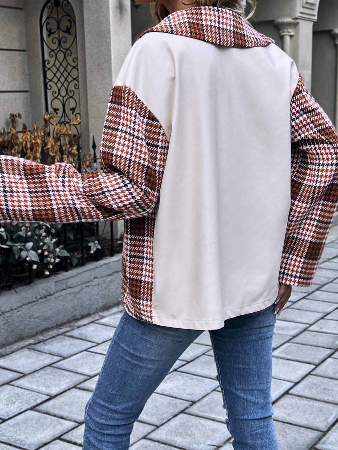 Ivy Lane Plaid Collared Neck Drop Shoulder Jacket in Deep Red, view 2