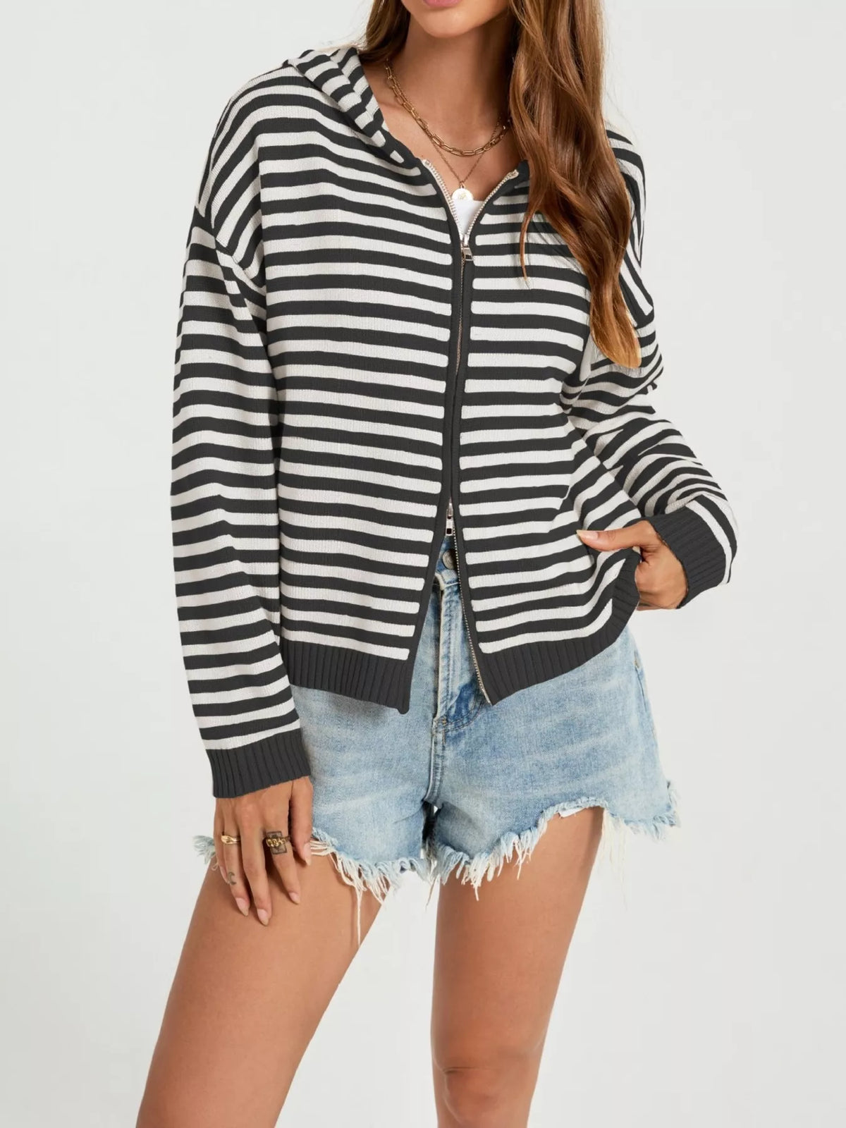 Striped Hooded Zip-Up Knit Cardigan - Lilixa.store