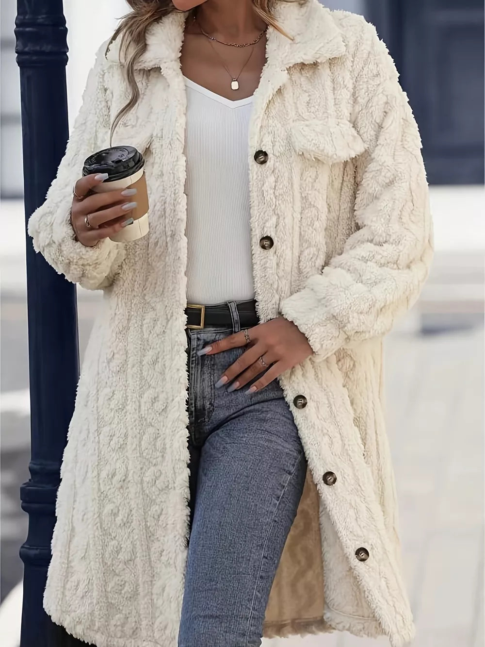 Fuzzy Button Up Long Sleeve Longline Coat in Cream, view 2