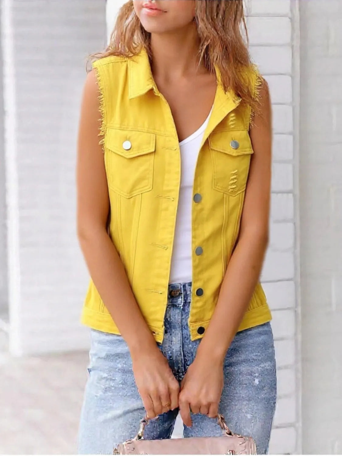 Full Size Sleeveless Frayed Denim Vest Jacket Plus Size in Yellow