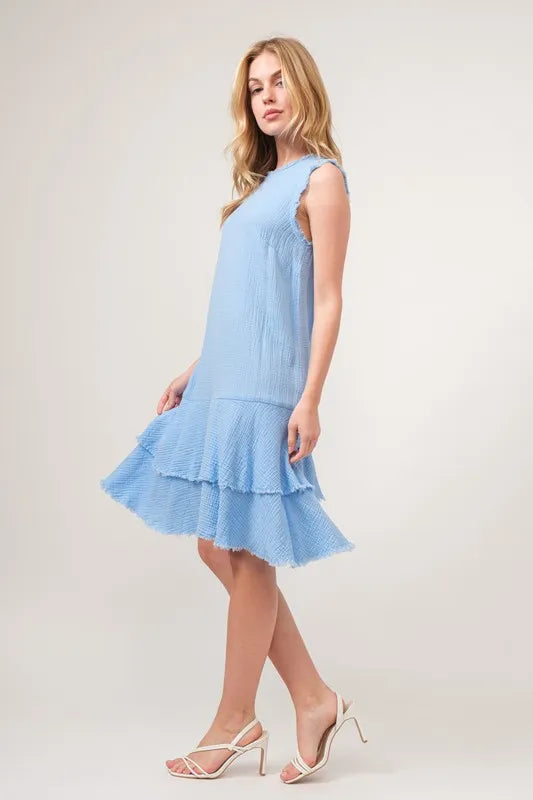And The Why Washed Fringe Detail Tiered Dress in Baby Blue, view 6