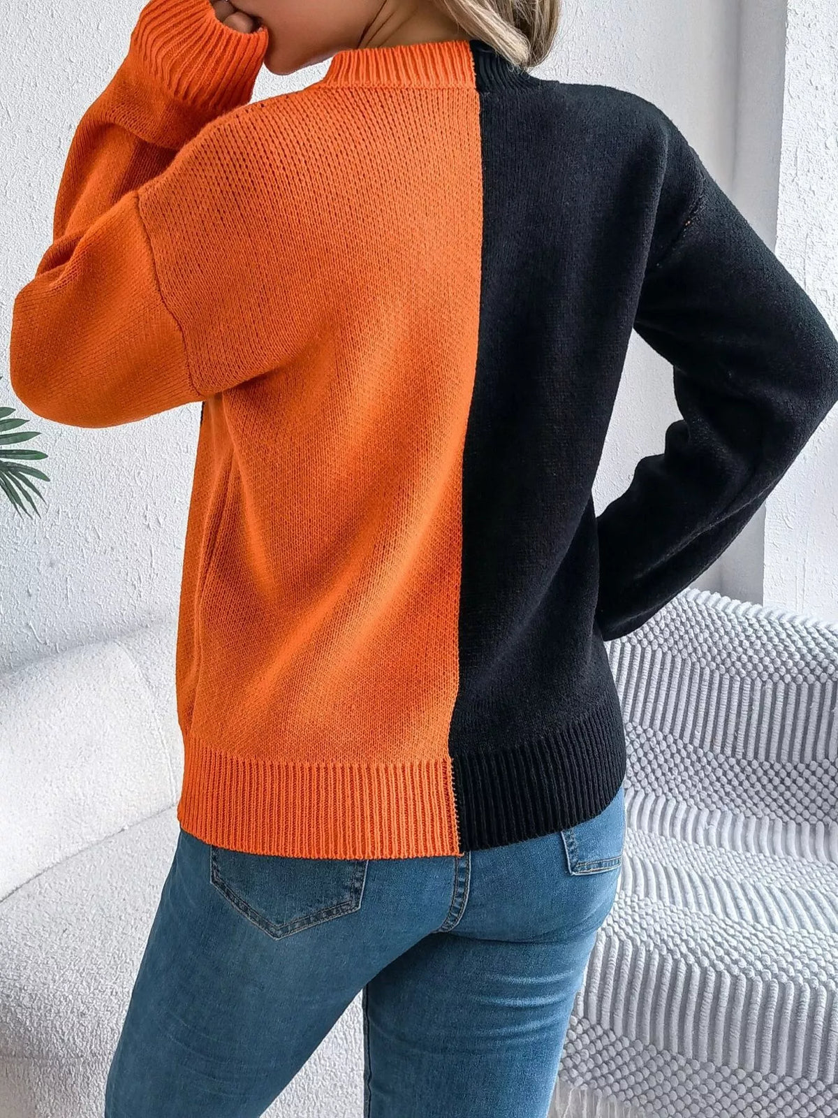 Pumpkin Face Graphic Two Tone Sweater