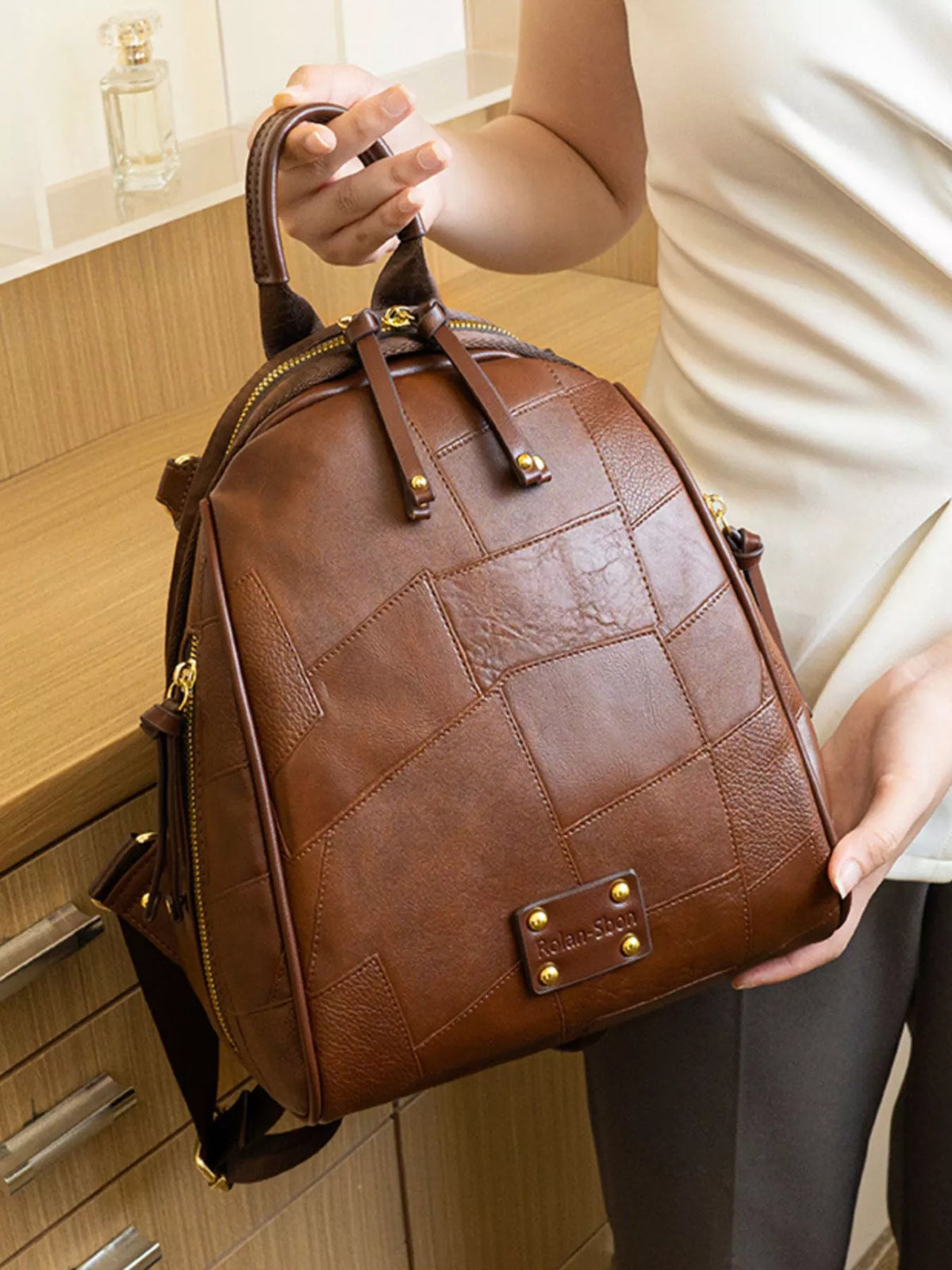 Patchwork Leather Convertible Backpack Bag in Brown, view 5