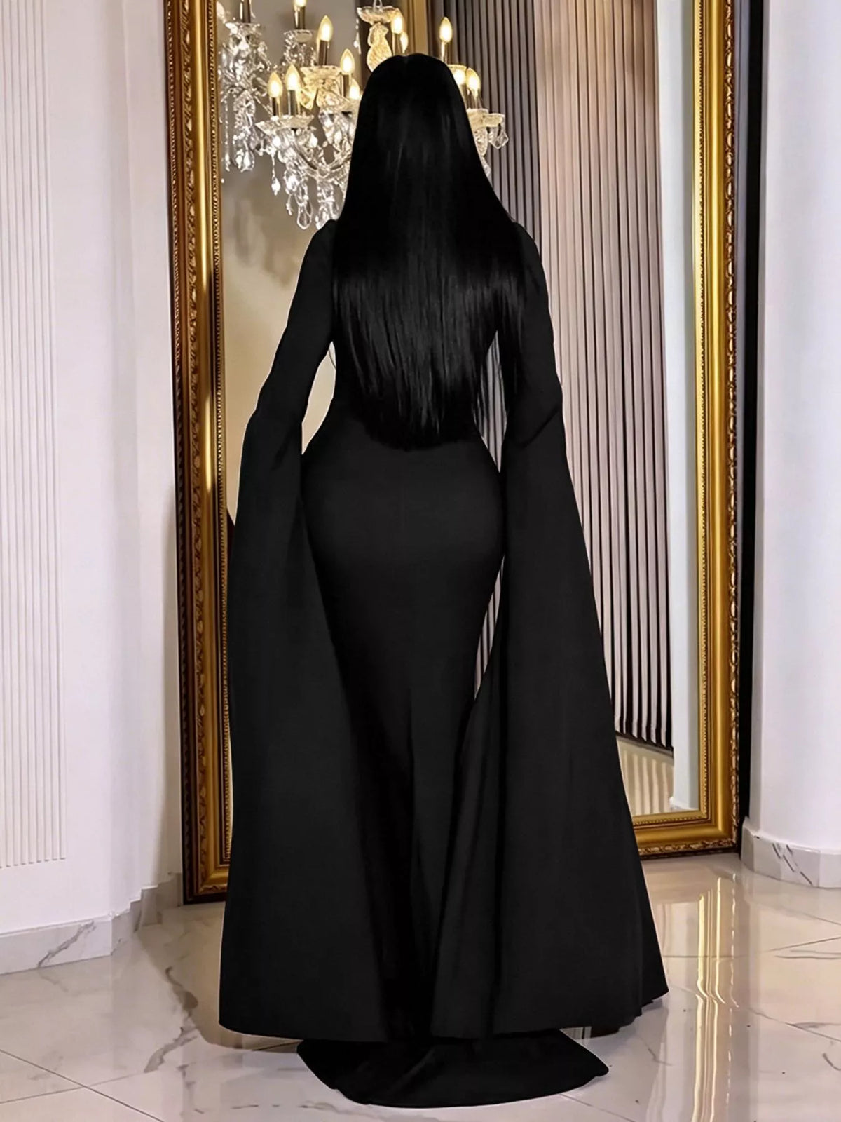 Rhinestone Slit Flare Sleeve Cape Maxi Dress - Lilixa.store