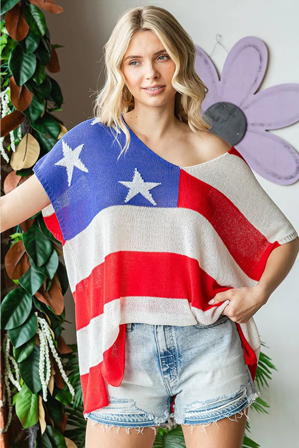 First Love Full Size USA Flag Drop Shoulder Knit Top - Lilixa.store