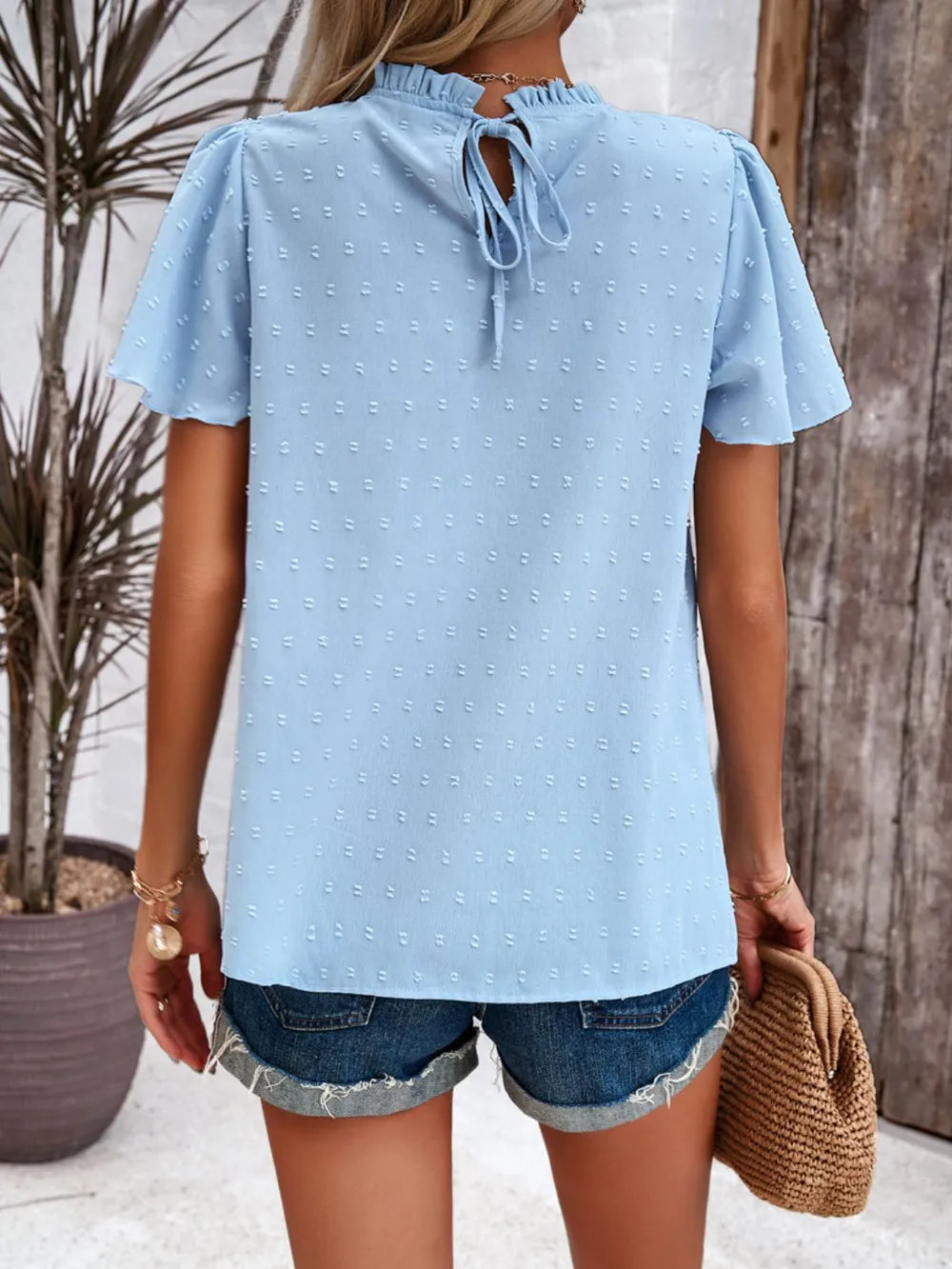 Devine Swiss Dot Smocked Round Neck Short Sleeve Blouse - Lilixa.store