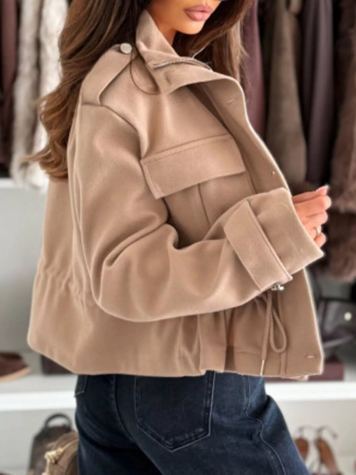 Drawstring Button-Up Casual Jacket, view 3
