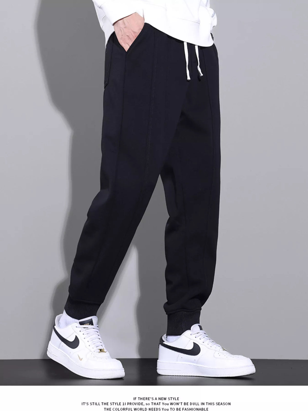 Men's Full Size Casual Drawstring Elastic Waist Ankle Cuffed Pants Plus Size in Black