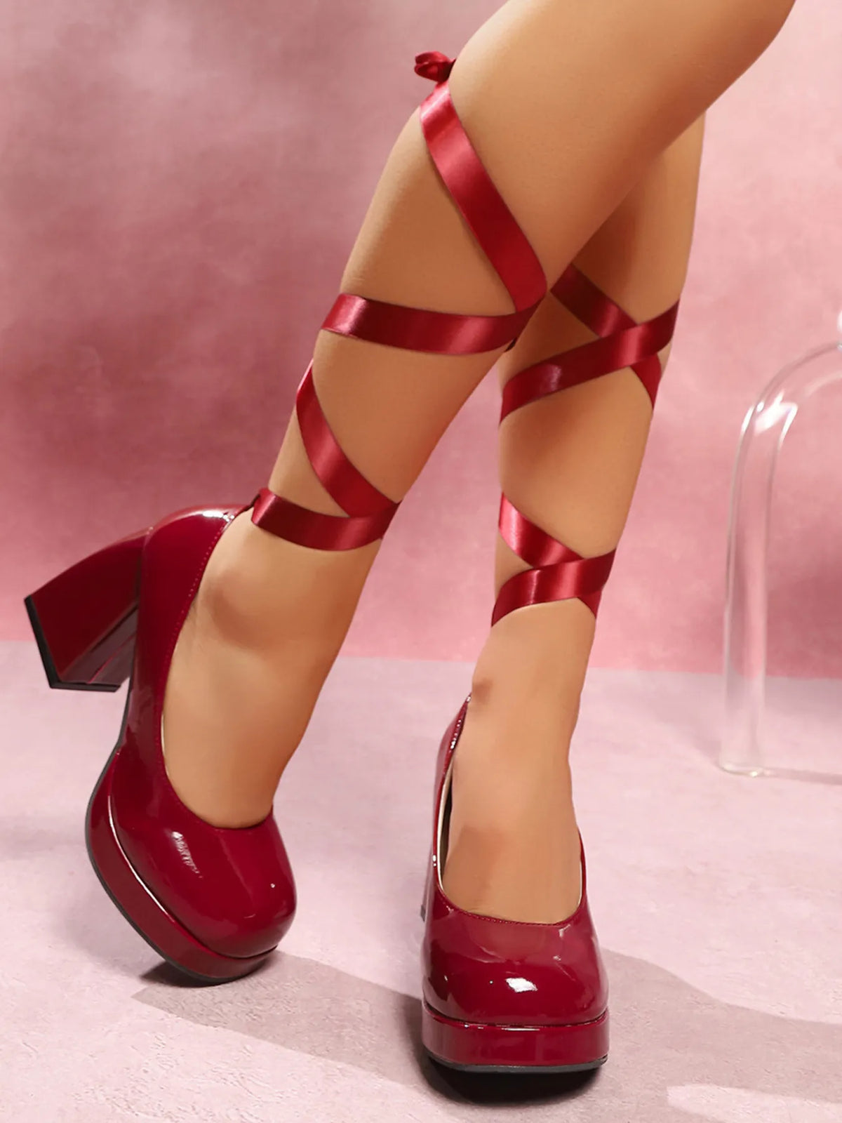 Platform Block Heel Pumps with Ankle Wrap Straps - Lilixa.store