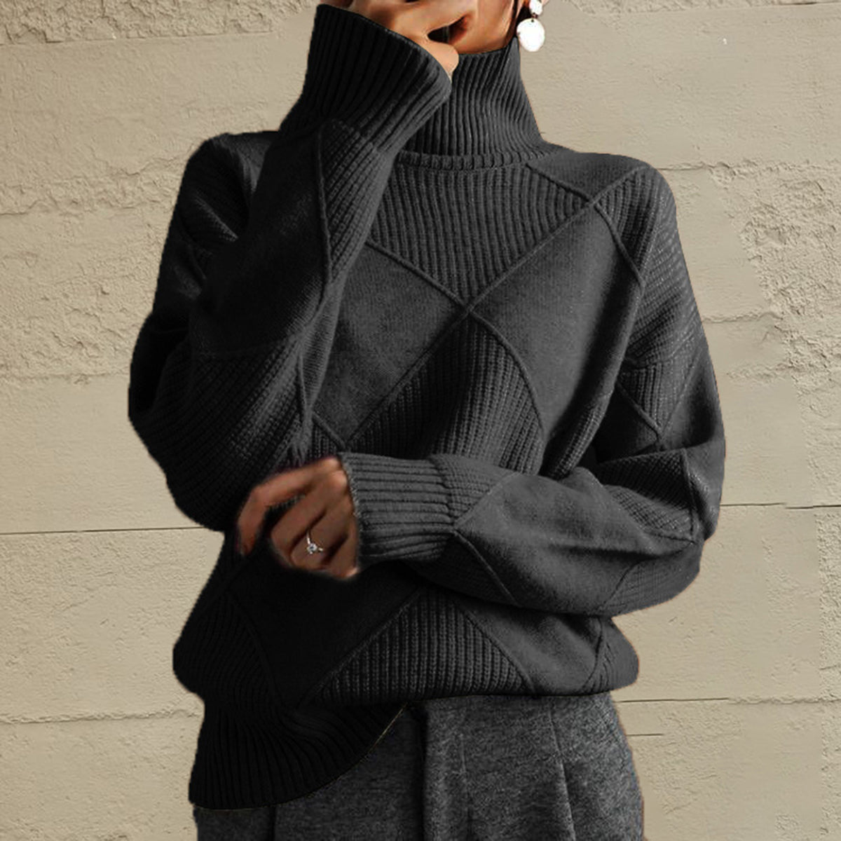 Geometric Turtleneck Long Sleeve Sweater - Lilixa.store