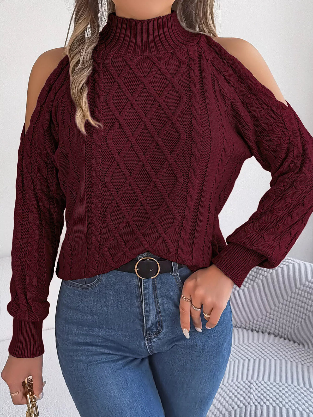 Cold-Shoulder Cable Knit Sweater, view 21