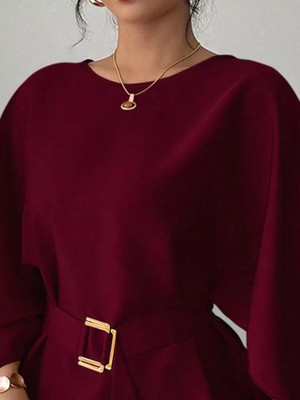 Round Neck Belt Batwing Sleeve Blouse - Lilixa.store