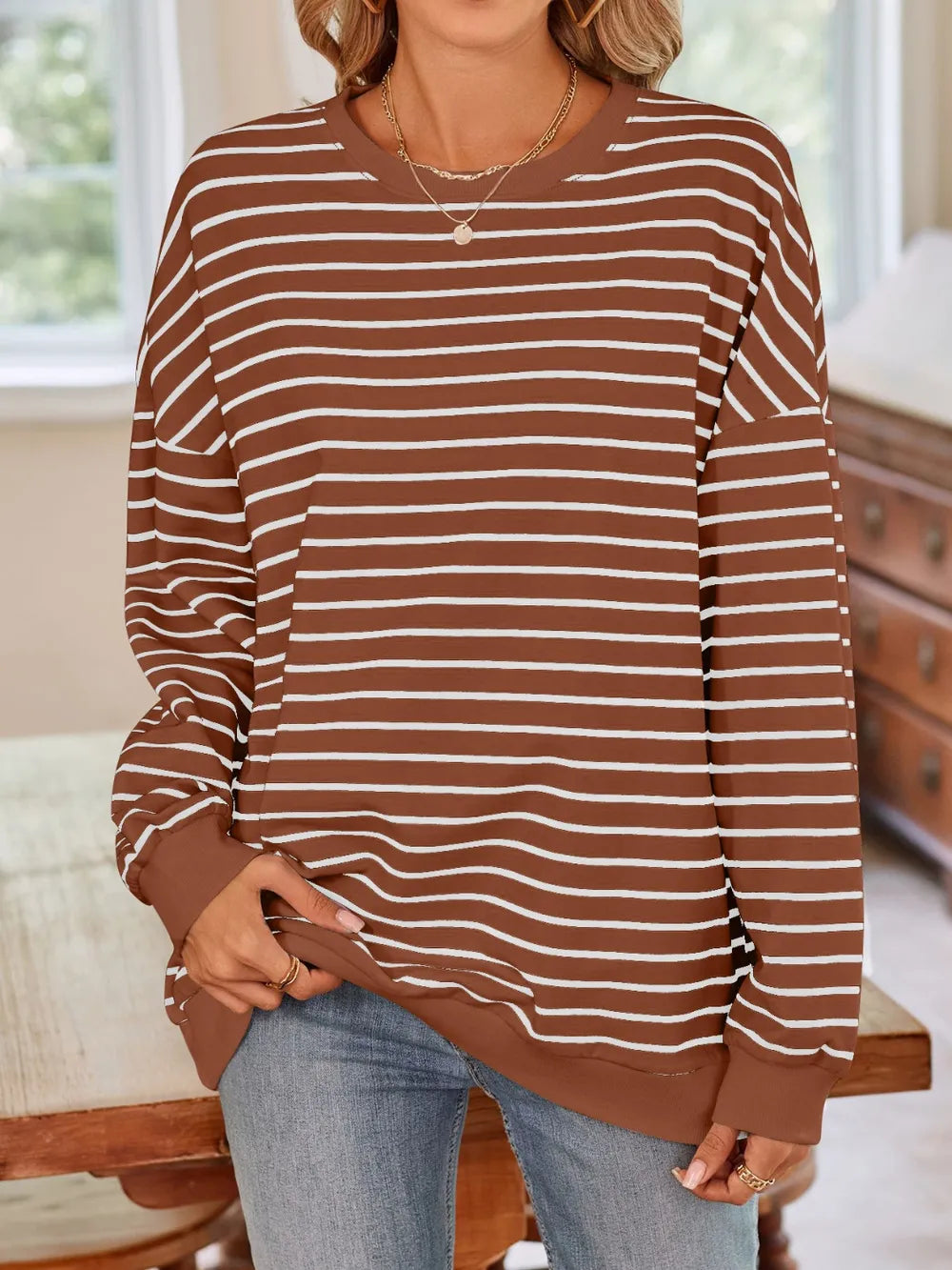 Lovelet Striped Round Neck Long Sleeve Sweatshirt - Lilixa.store