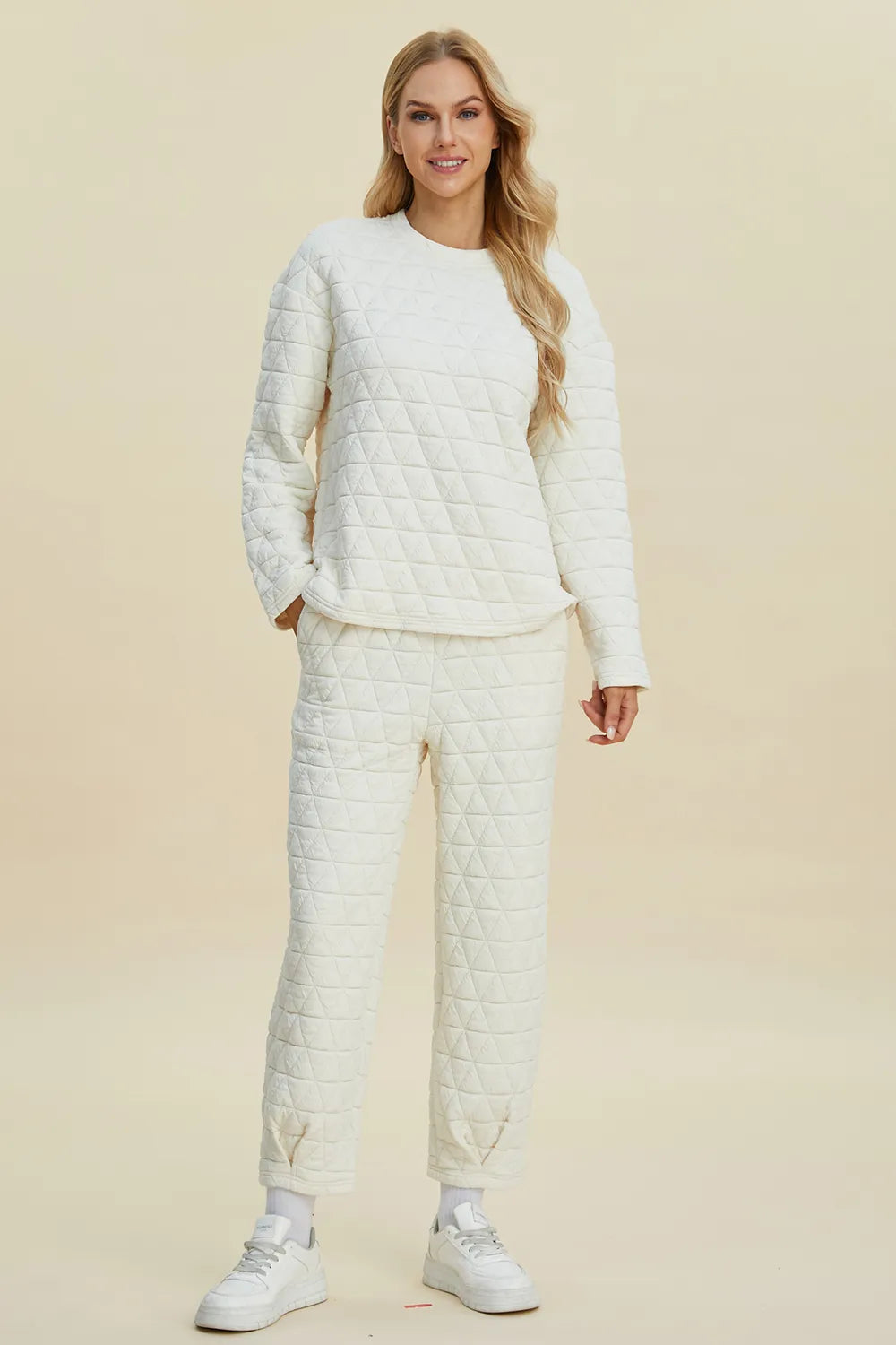 Double Take Full Size Texture Round Neck Long Sleeve Top and Pants Set - Lilixa.store