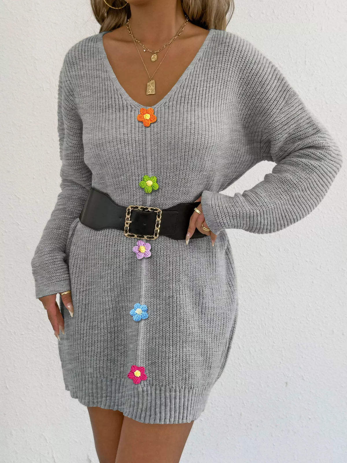 V-Neck Ribbed Sweater Dress with Floral Appliques in Flower Ash