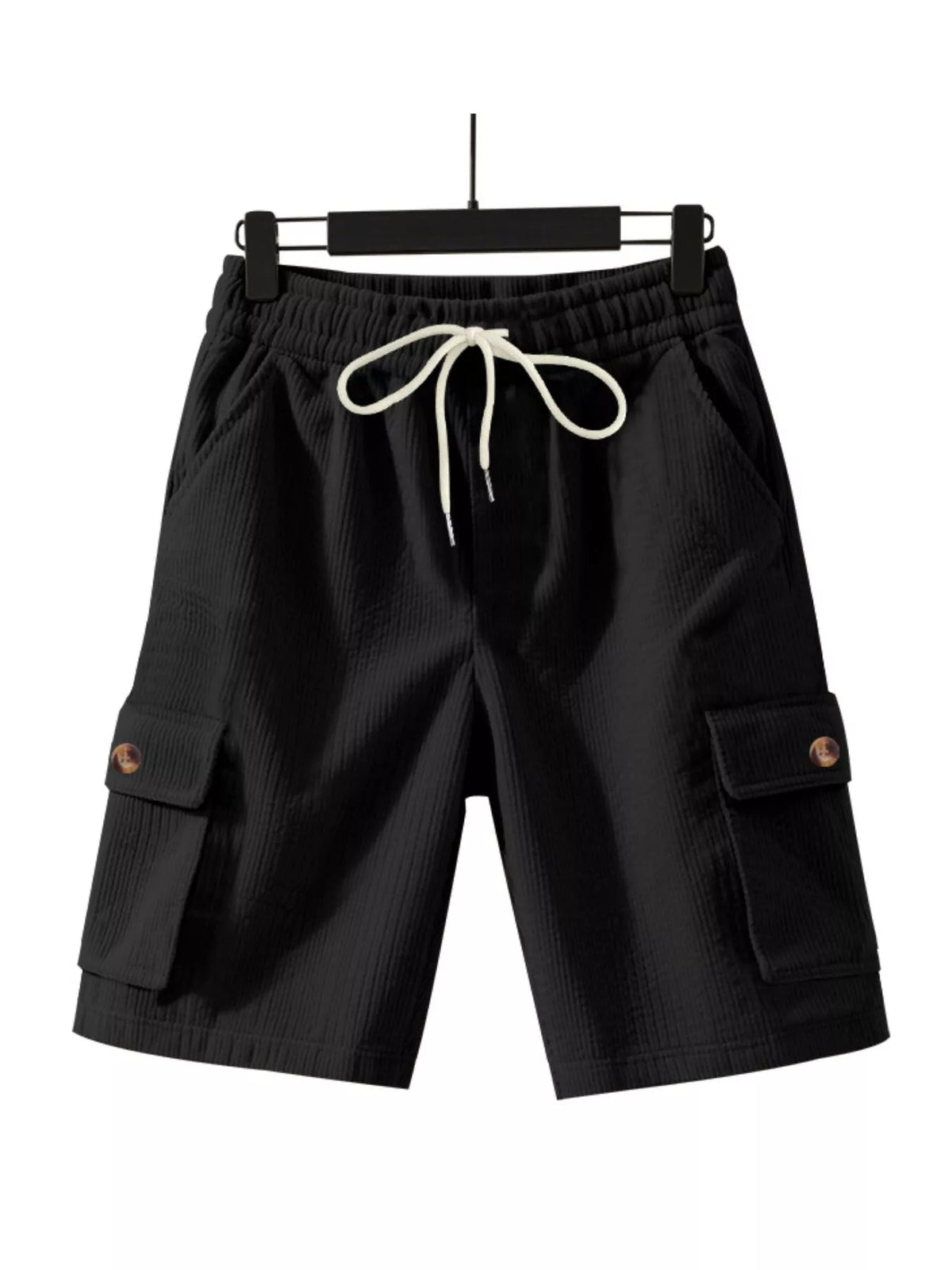 Men's Full Size Casual Textured Drawstring Cargo Shorts Plus Size in Black