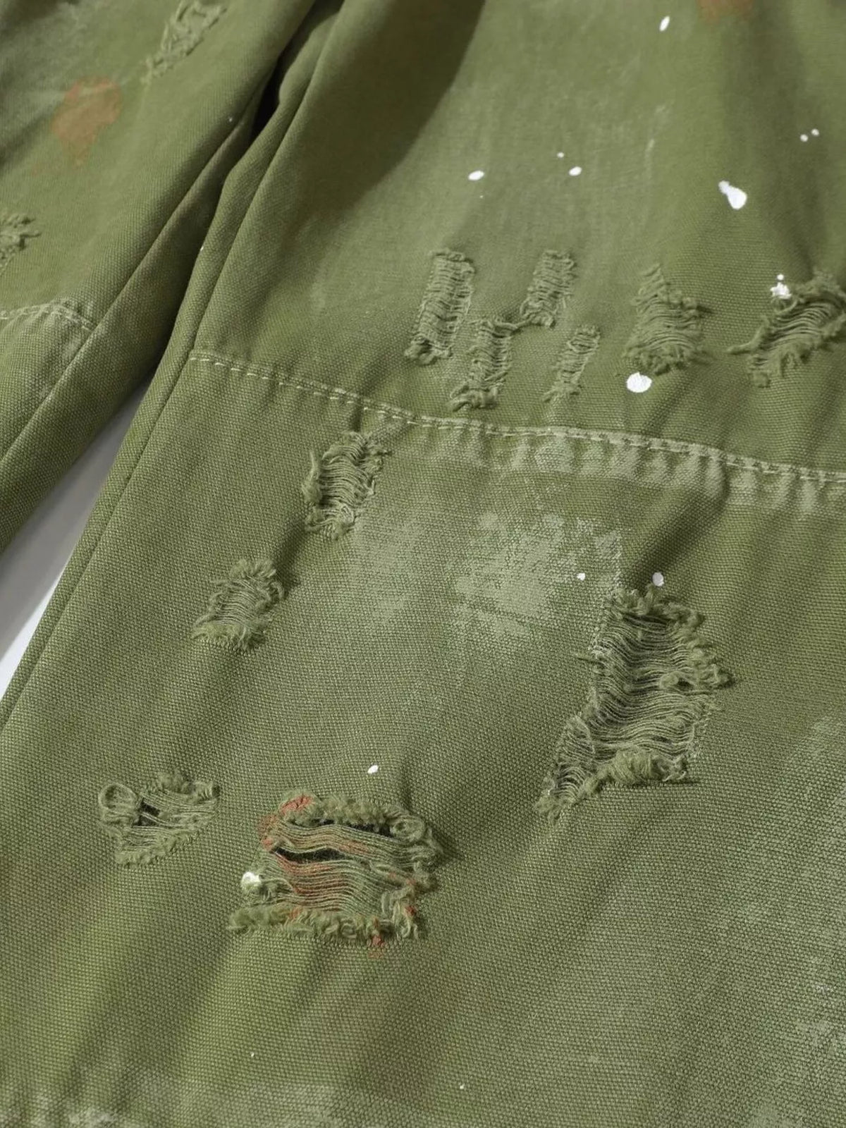 Men's Distressed Cargo Pants with Paint Splatter in Moss, view 6