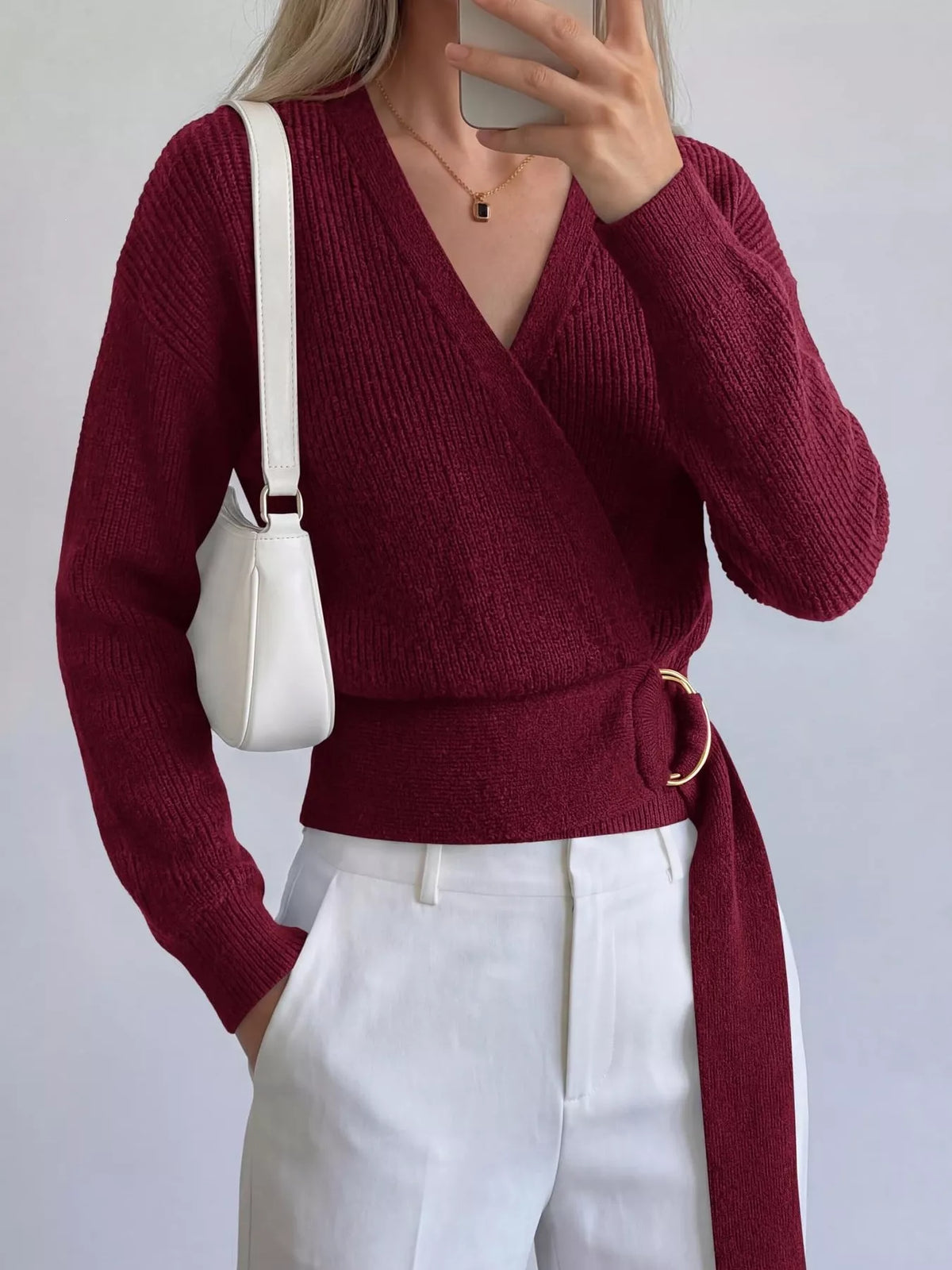 Metal Ring Detail Dropped Shoulder Sweater - Lilixa.store