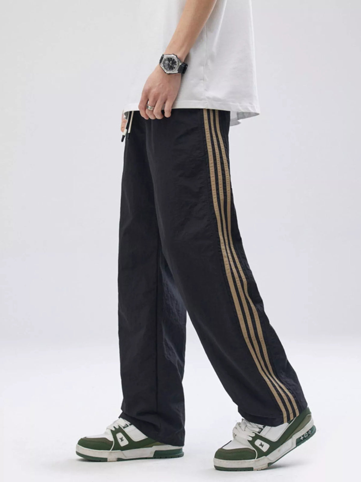 Men's Full Size Side Striped Wide Leg Pants Plus Size in Black
