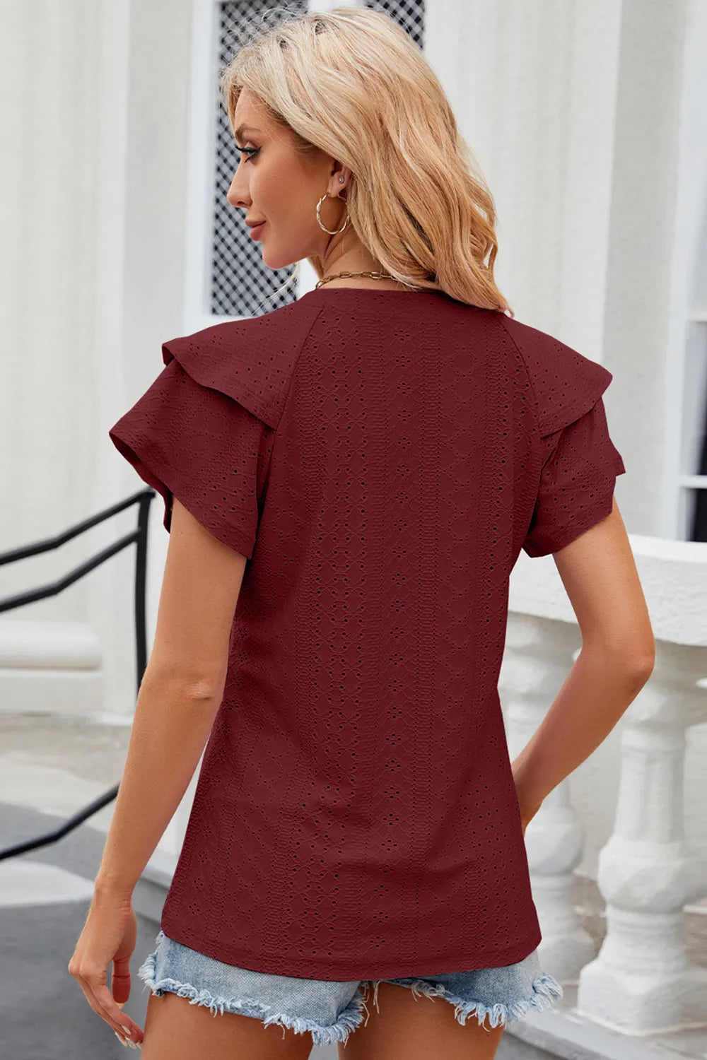 Eyelet Notched Flutter Sleeve T-Shirt - Lilixa.store