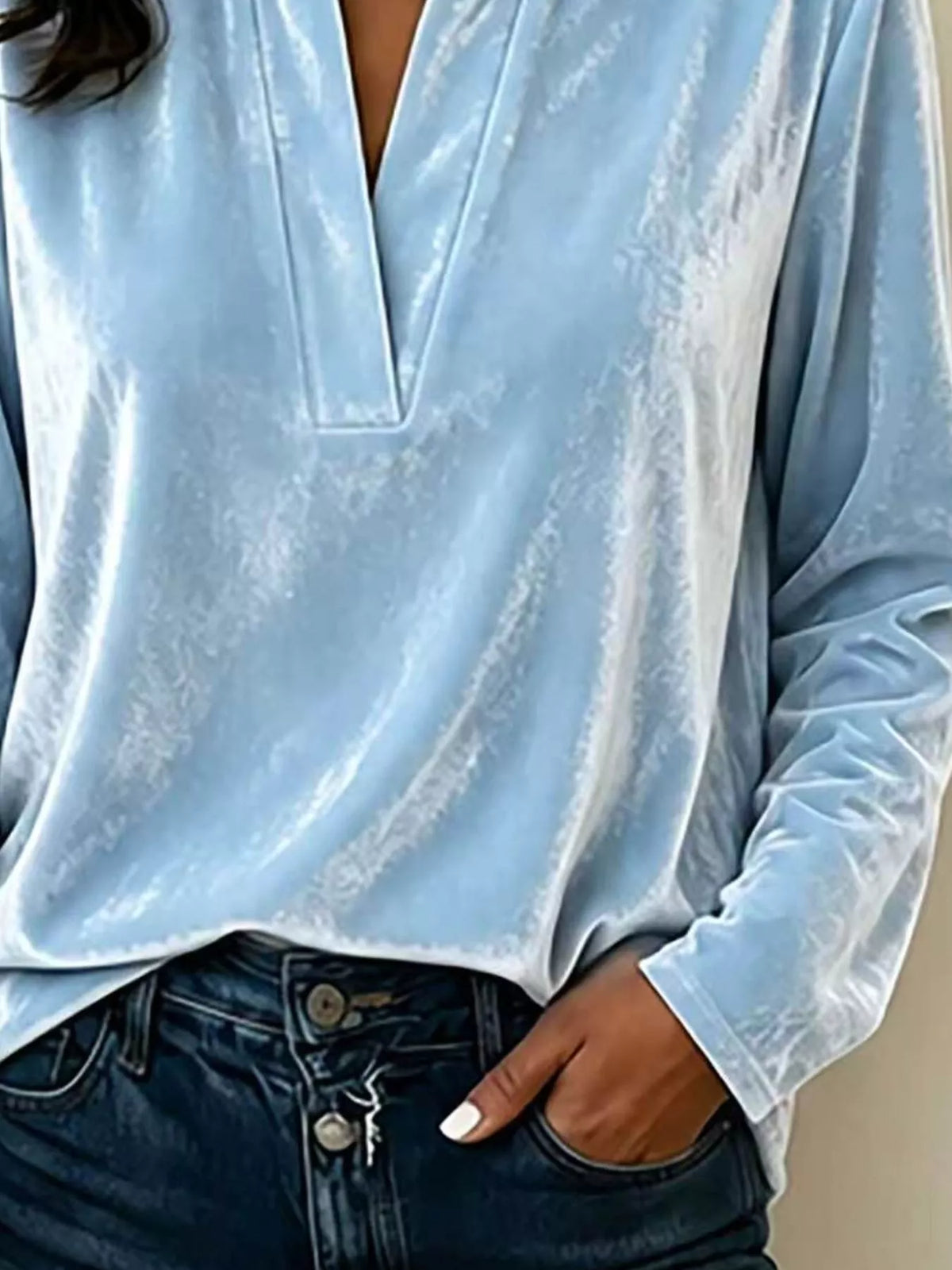 Full Size Velvet Notched Long Sleeve Blouse Plus Size, view 4