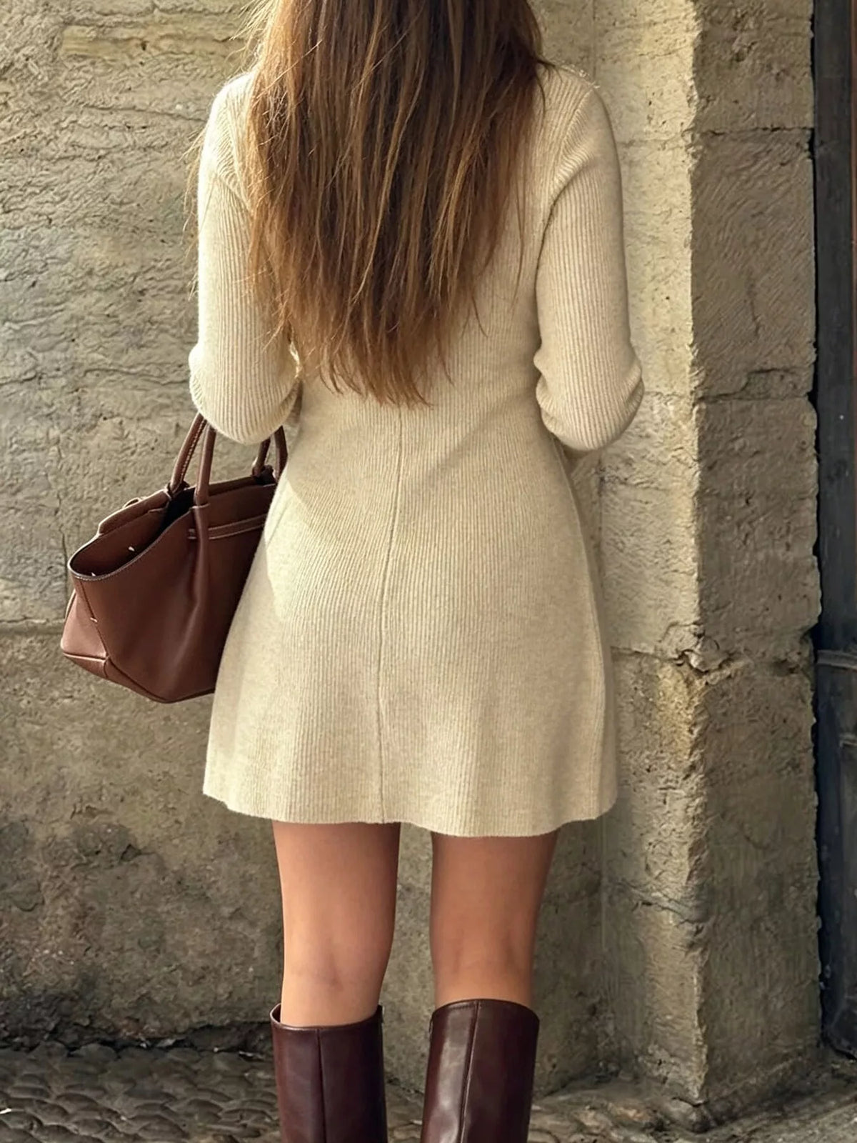 Ribbed Knit Button-Down Sweater Dress - Lilixa.store