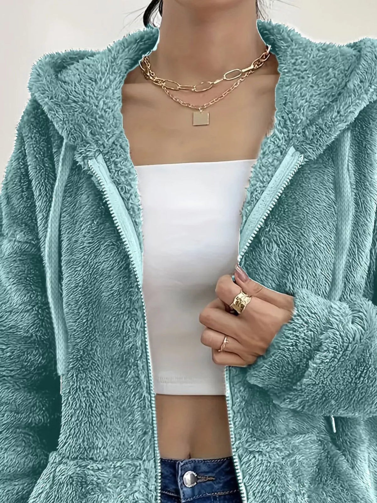 Drawstring Fleece Zip-Up Outerwear, view 13