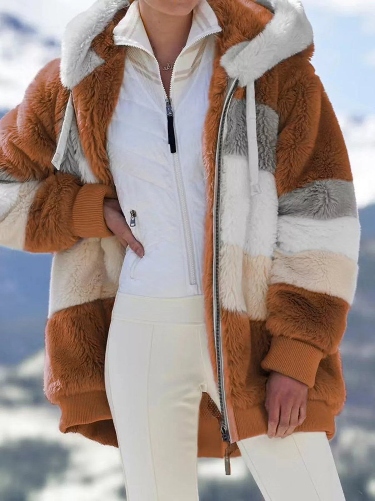 Full Size Fuzzy Zip Up Hooded Outerwear Plus Size in Caramel