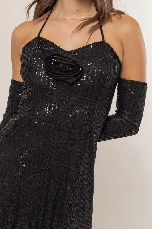 HYFVE Sequin Rosette Halter Mini Dress - Lilixa.store