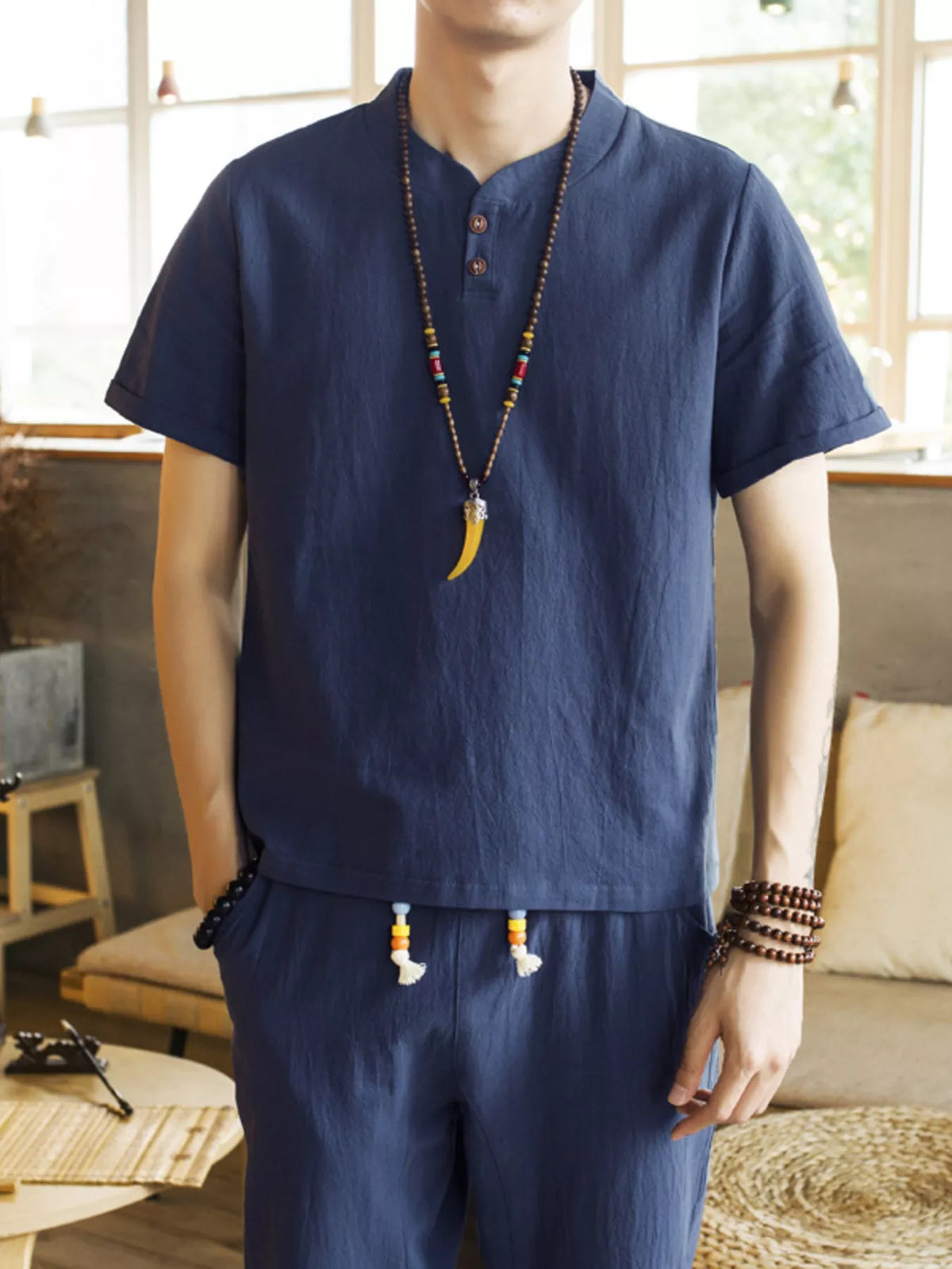 Men's Plus Size Button Detail Short Sleeve Top and Pants Set - Lilixa.store