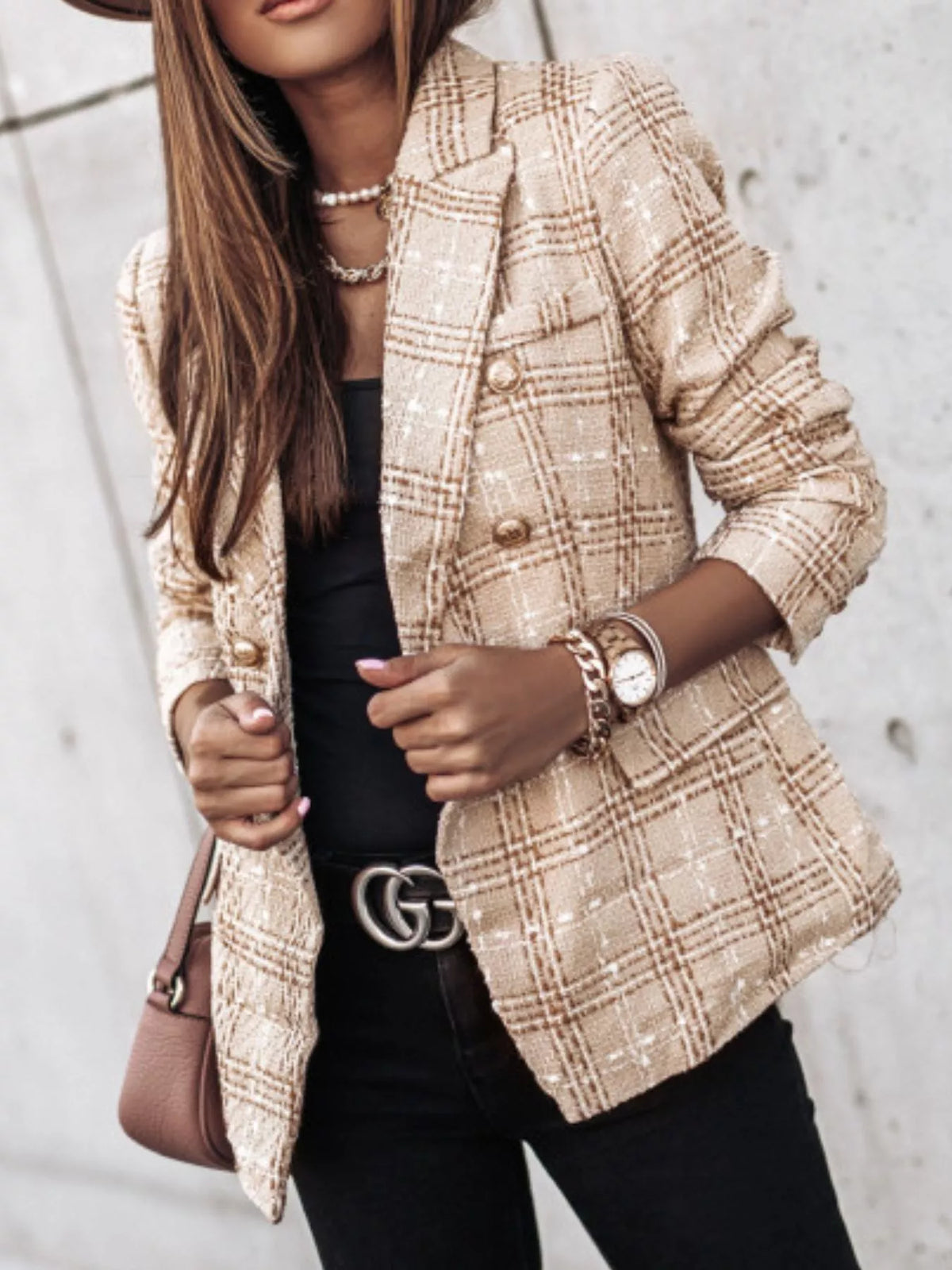 Full Size Plaid Tweed Double-Breasted Blazer Plus Size - Lilixa.store