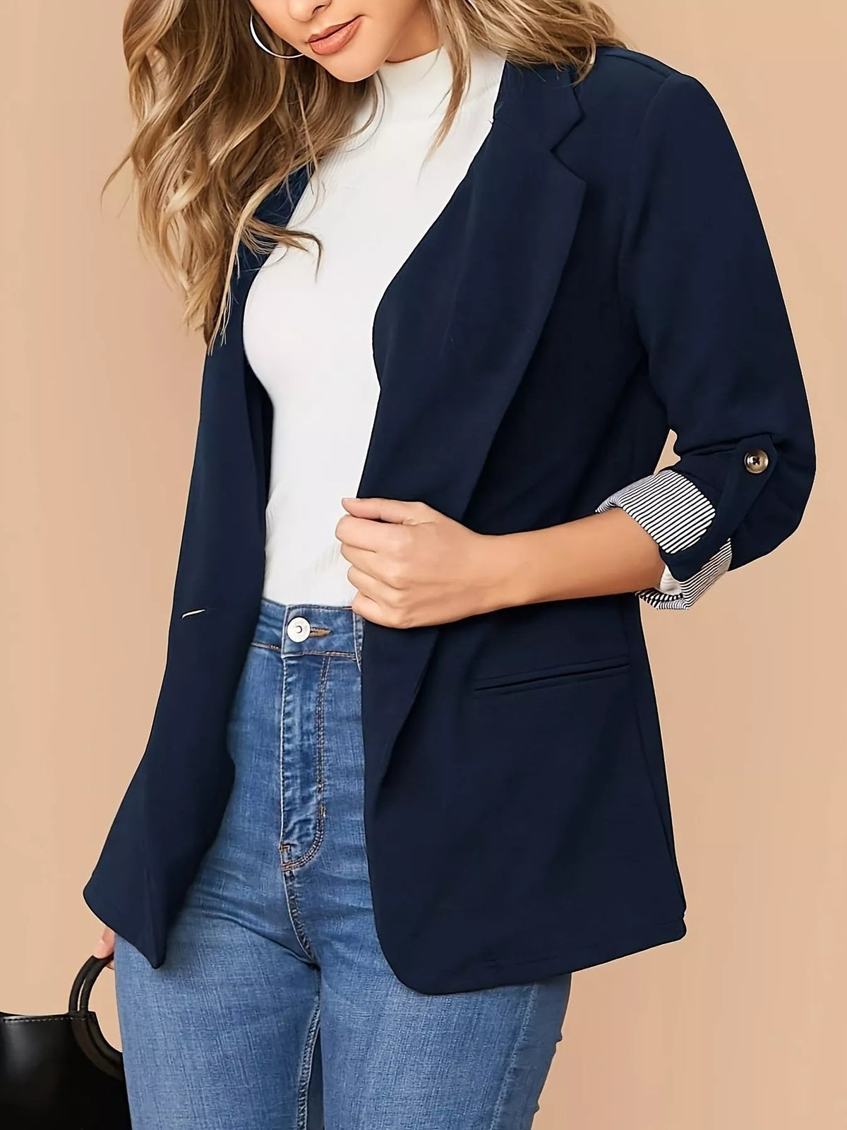 One Button Roll-Up Sleeve Blazer - Lilixa.store