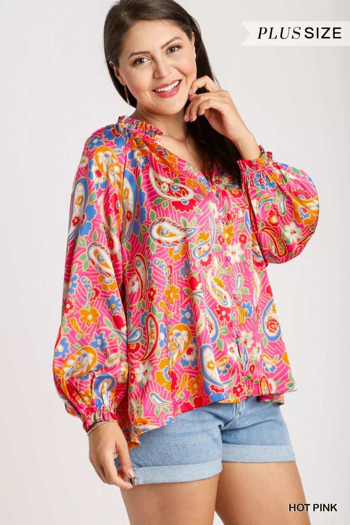 Umgee Full Size Satin Paisley Ruffle Neck Button-Up Shirt Plus Size in Hot Pink, view 7