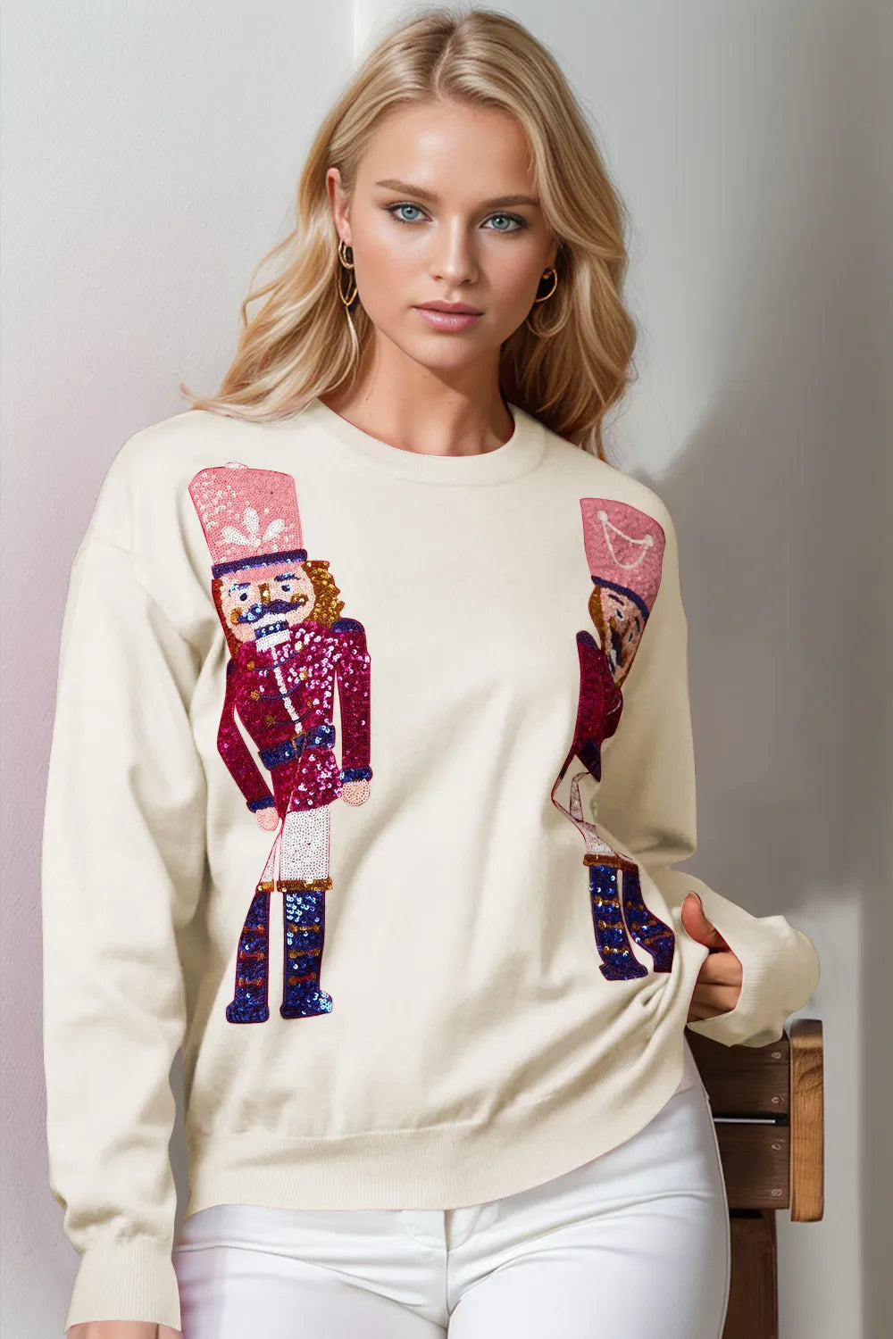 Double Take Full Size Nutcracker Sequin Long Sleeve Sweater in Ivory