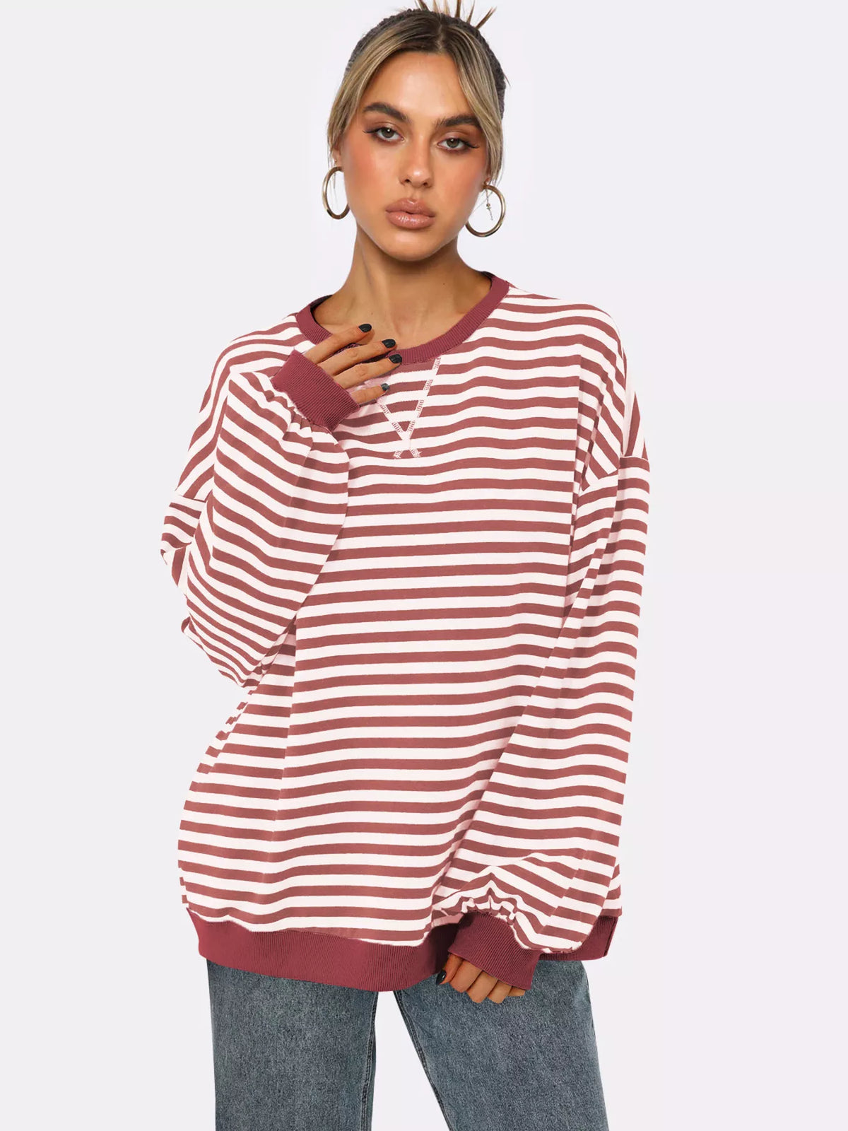 Striped Round Neck Long Sleeve Sweatshirt - Lilixa.store