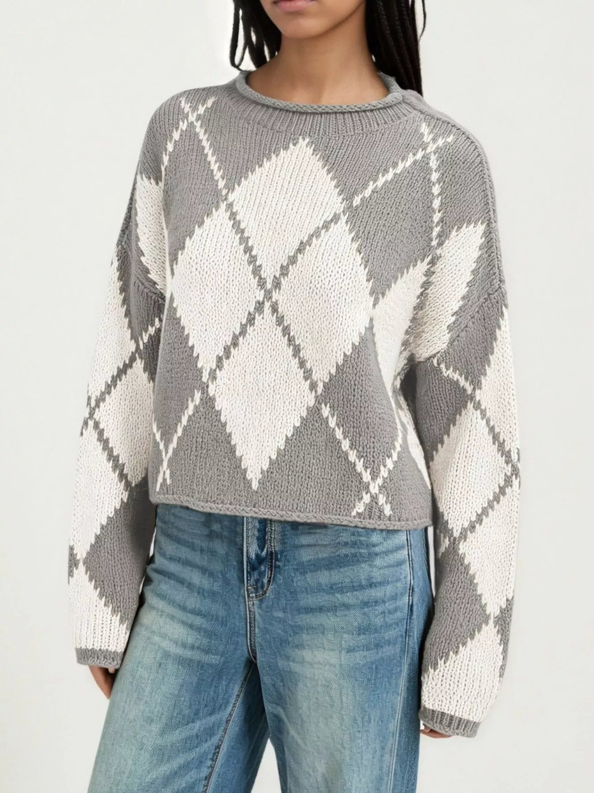 Argyle Pattern Knit Dropped Shoulder Sweater