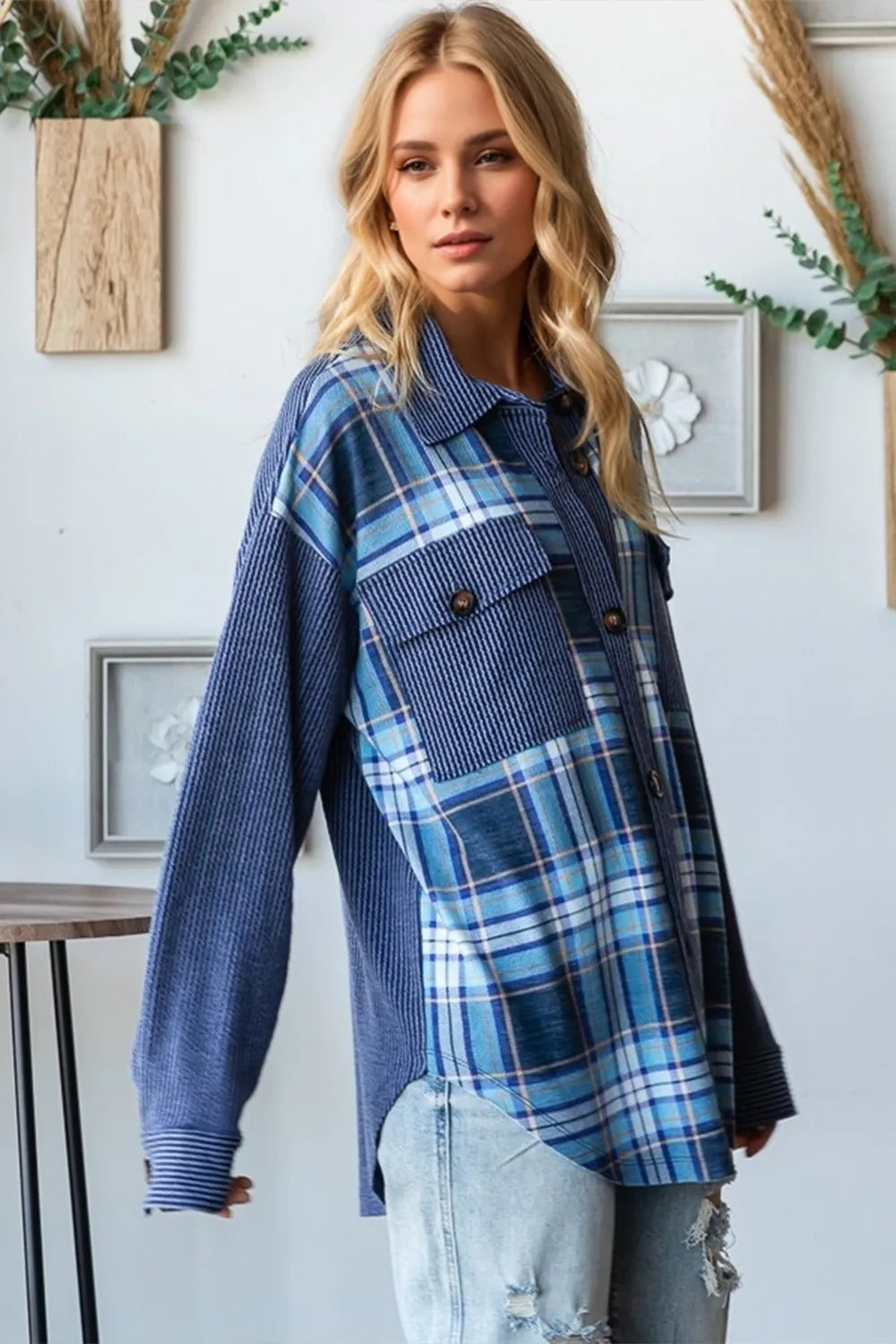 Oh Plaid Button Up Long Sleeve Shacket with Breast Pockets in Blue, view 2