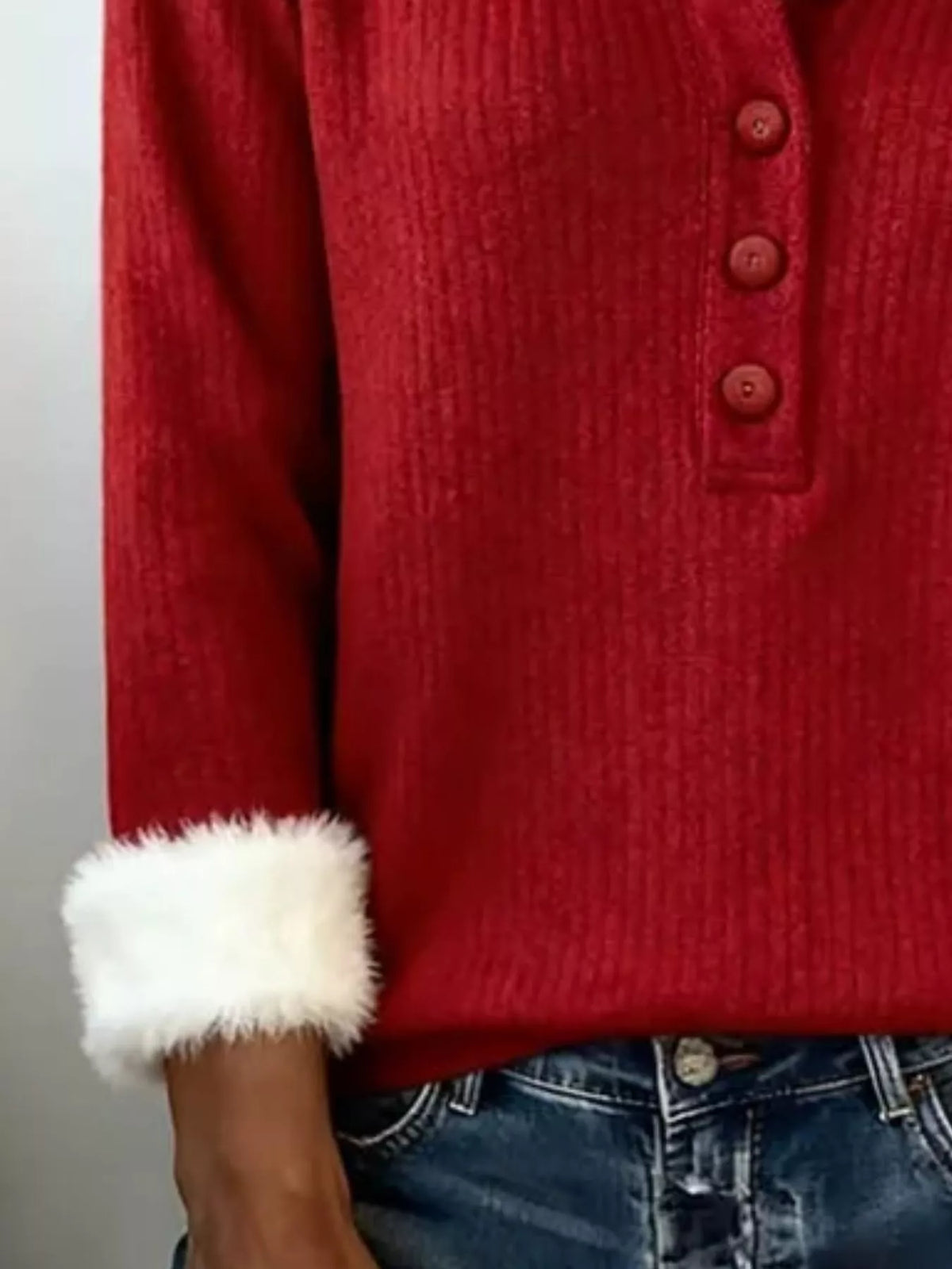 Full Size Faux Fur Trim Collar and Cuffs Sweater Plus Size - Lilixa.store