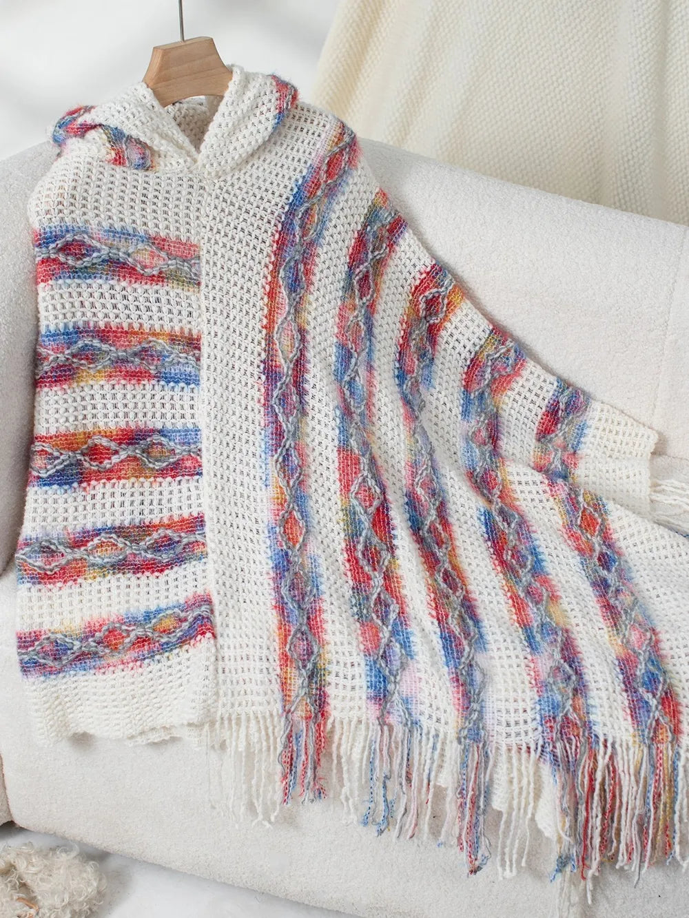 Fringe Contrast Hooded Poncho in White
