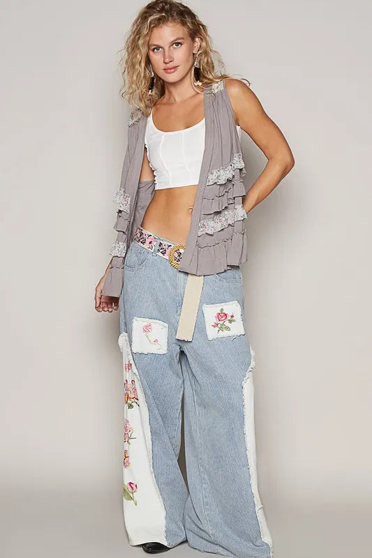 POL Ruffled Open Front Sleeveless Cardigan in Stone Grey Multicolor, view 4