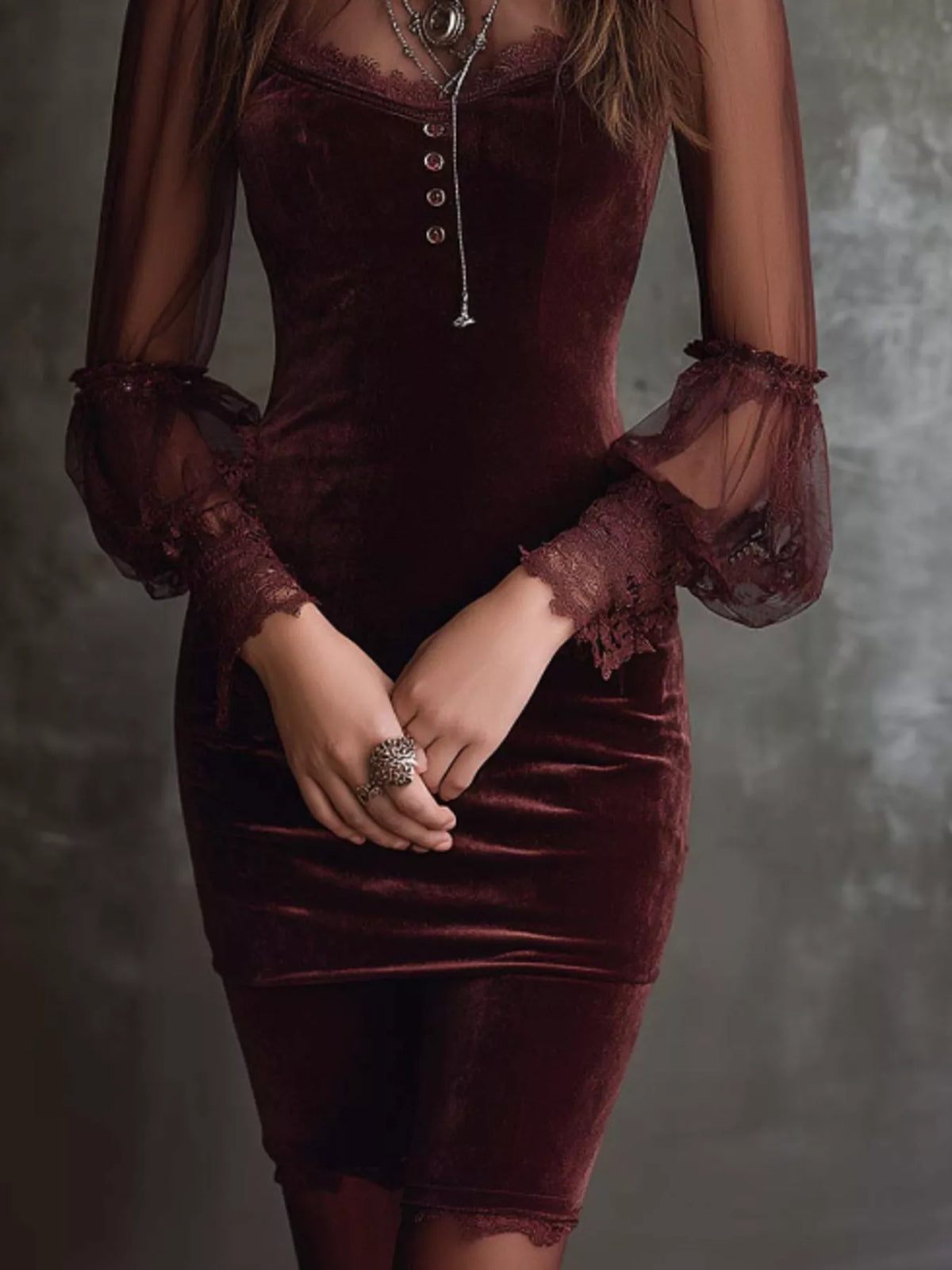 Full Size Velvet Sheer Long Sleeve Bodycon Dress Plus Size