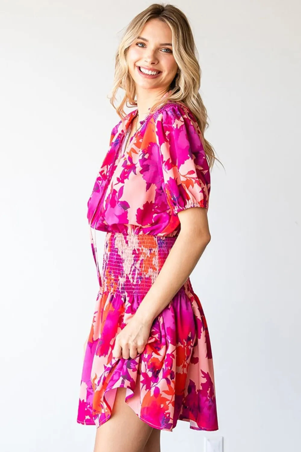 First Love Floral Short Sleeve Smocked Mini Dress - Lilixa.store