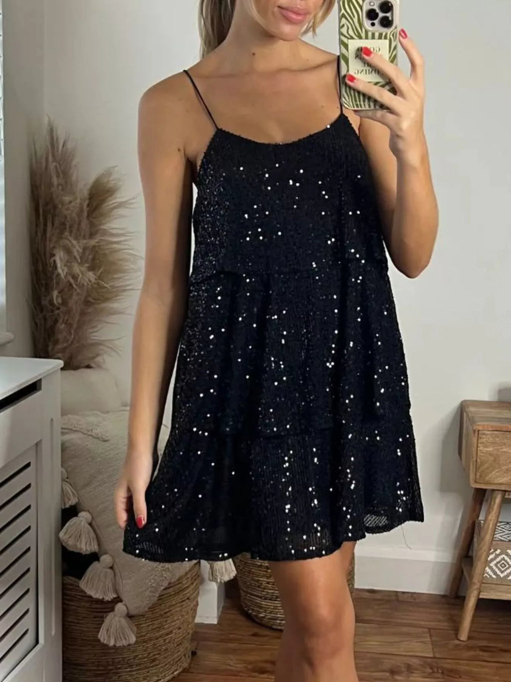 Full Size Sequin Tie Shoulder Mini Dress Plus Size - Lilixa.store