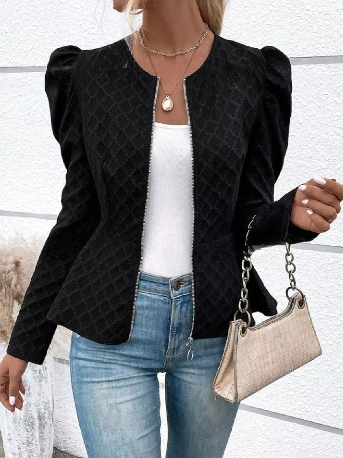 Puff Sleeve Textured Jacquard Jacket in Black