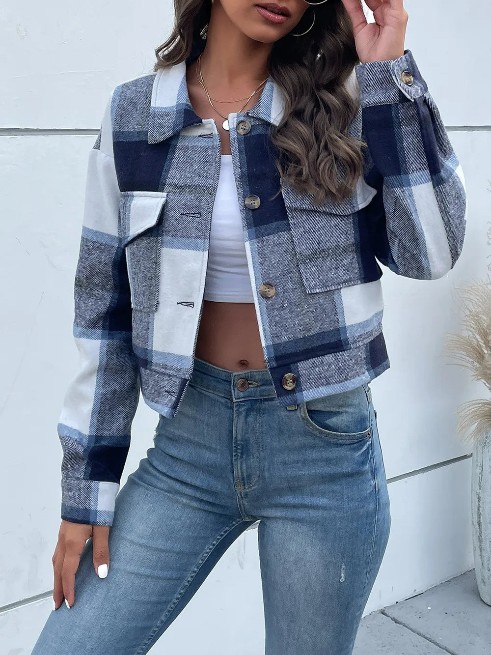 Perfee Plaid Button Up Drop Shoulder Cropped Jacket, view 16