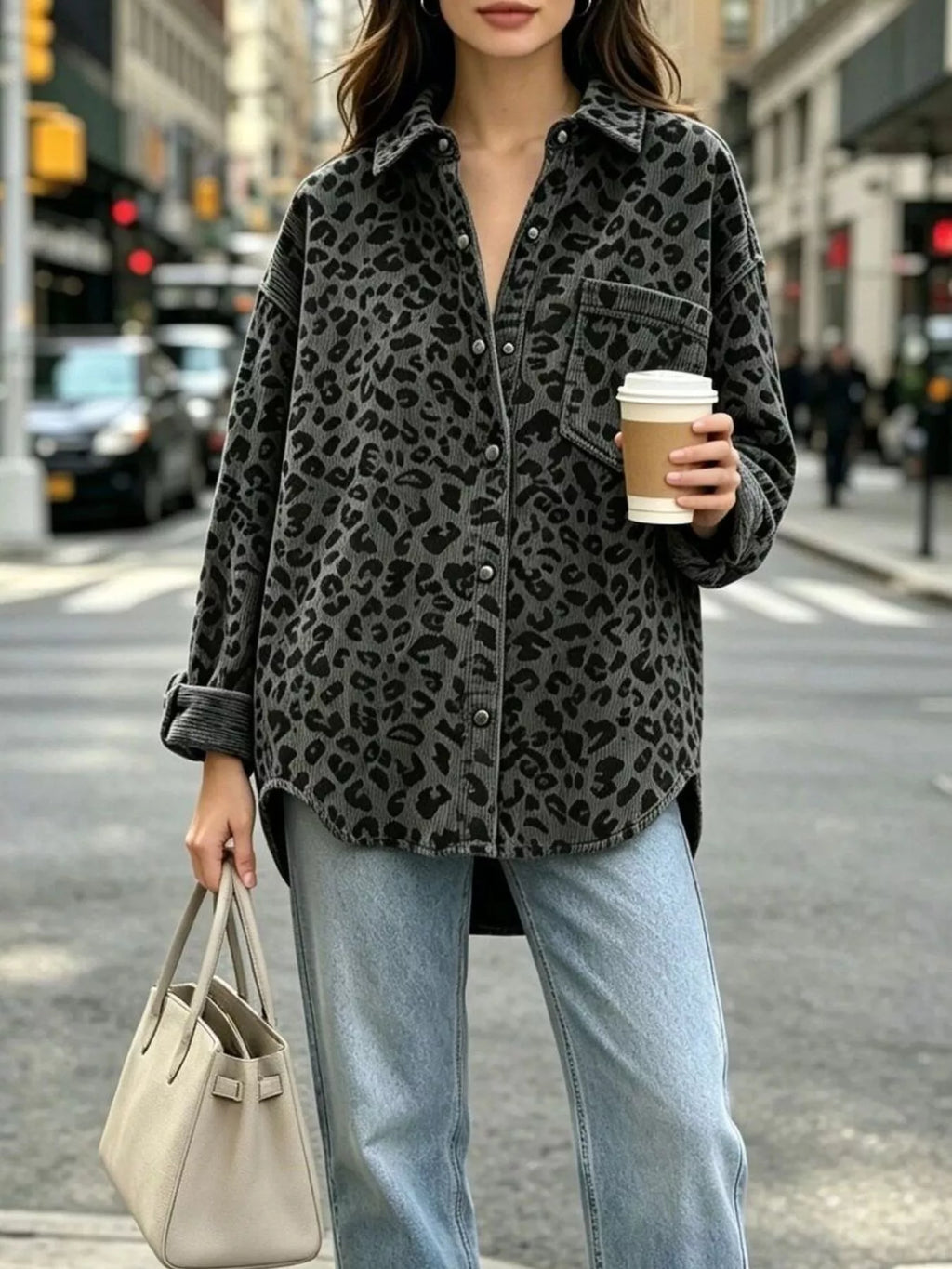 Oversized Leopard Corduroy Button-Down Shirt - Lilixa.store