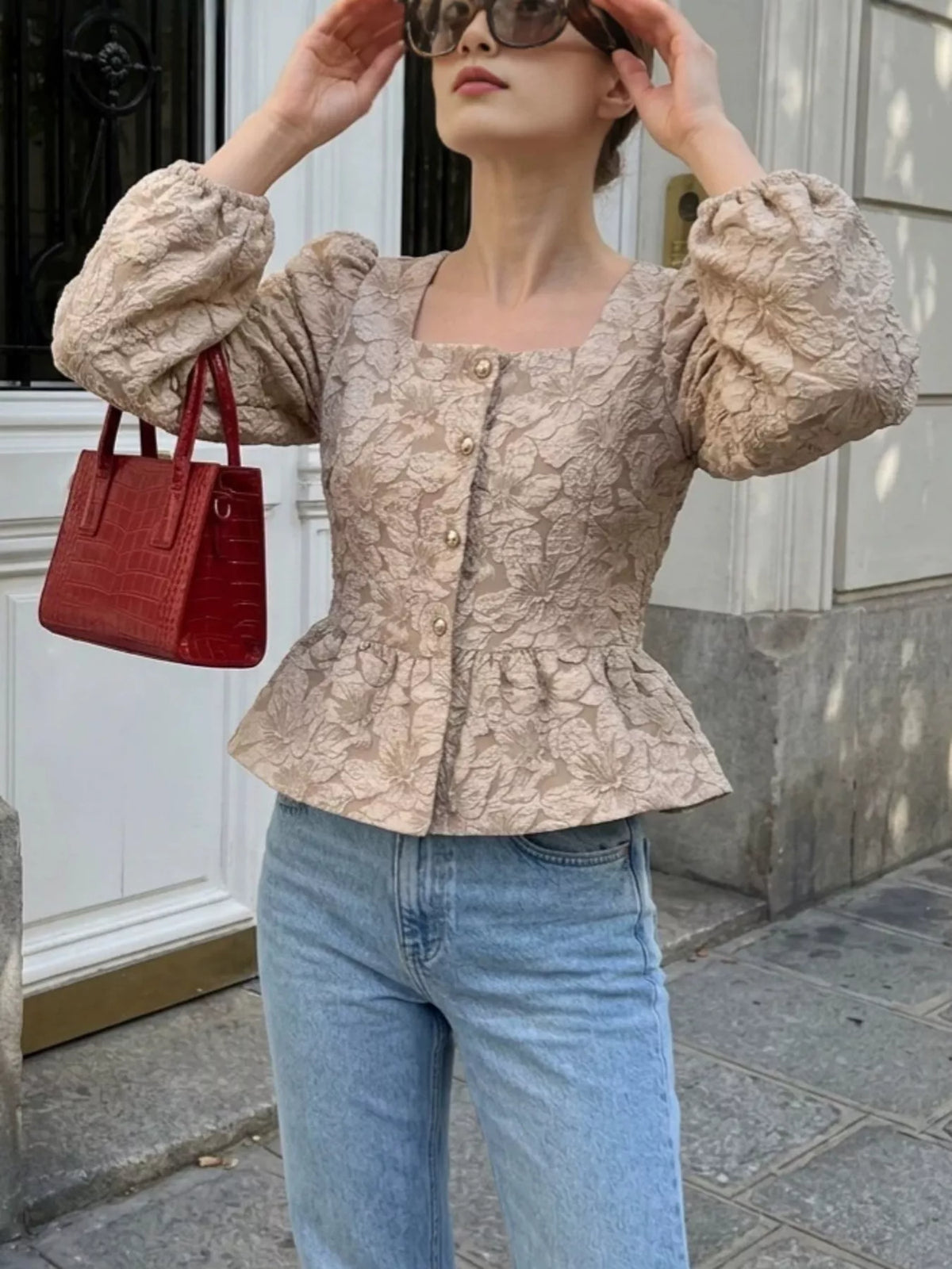 Square Neck Textured Peplum Blouse in Khaki