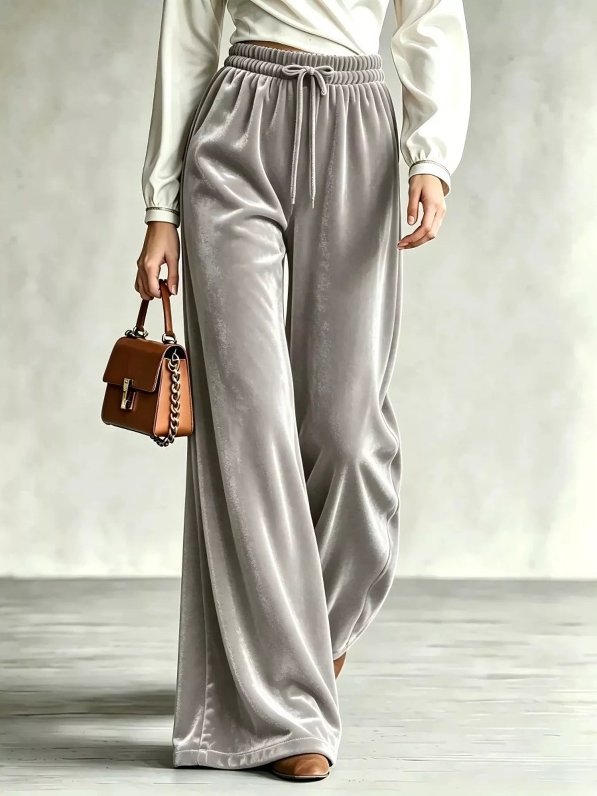 Velvet Wide-Leg Pants with Drawstring - Lilixa.store