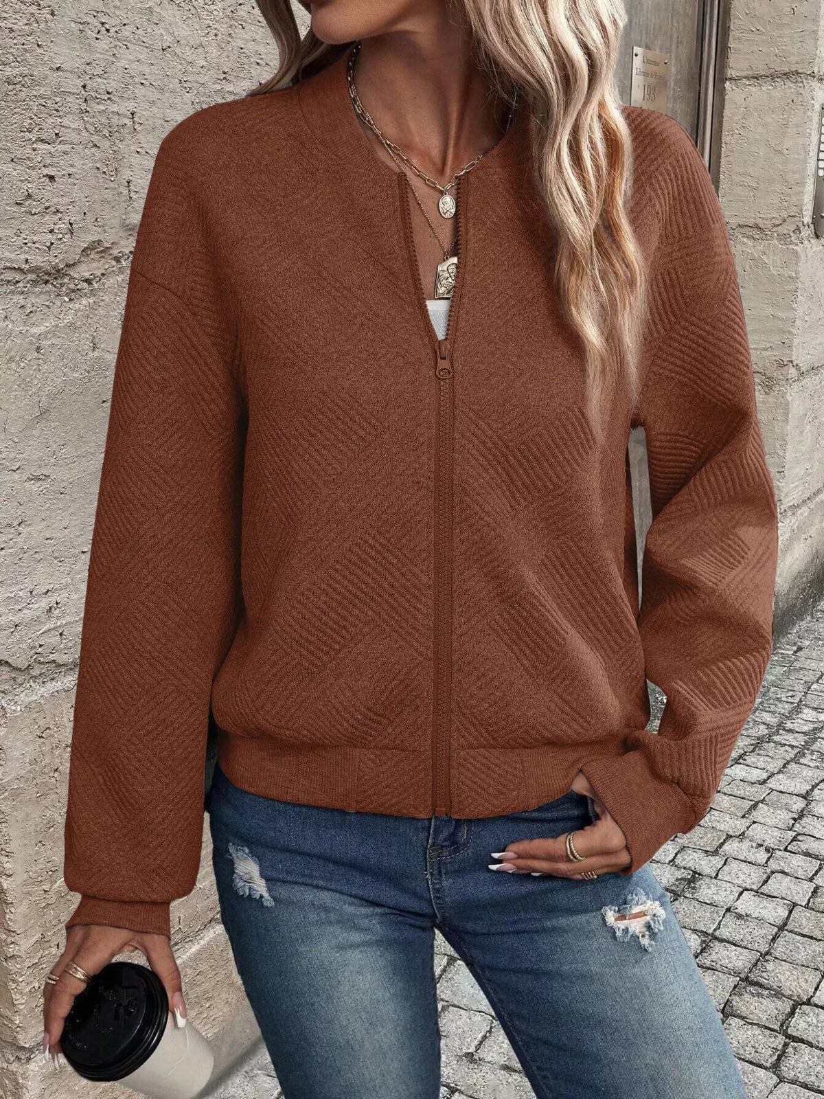 Textured Knit Zip-Up Jacket - Lilixa.store